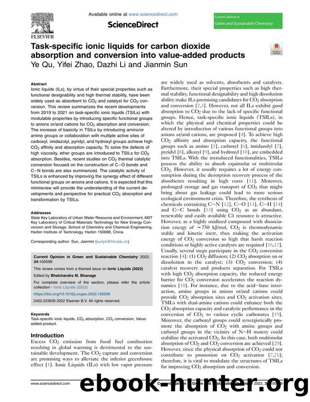 Task-specific ionic liquids for carbon dioxide absorption and conversion into value-added products by Ye Qu & Yifei Zhao & Dazhi Li & Jianmin Sun