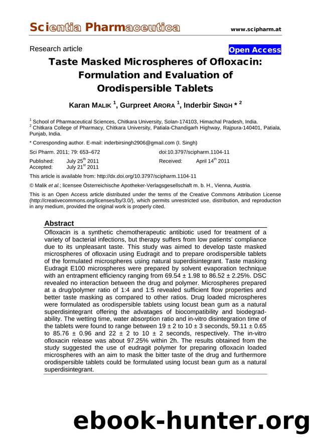Taste Masked Microspheres of Ofloxacin: Formulation and Evaluation of Orodispersible Tablets by Karan MALIK Gurpreet ARORA Inderbir SINGH