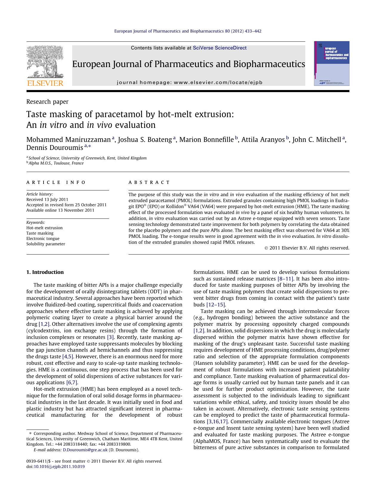 Taste masking of paracetamol by hot-melt extrusion: An in vitro and in vivo evaluation by unknow