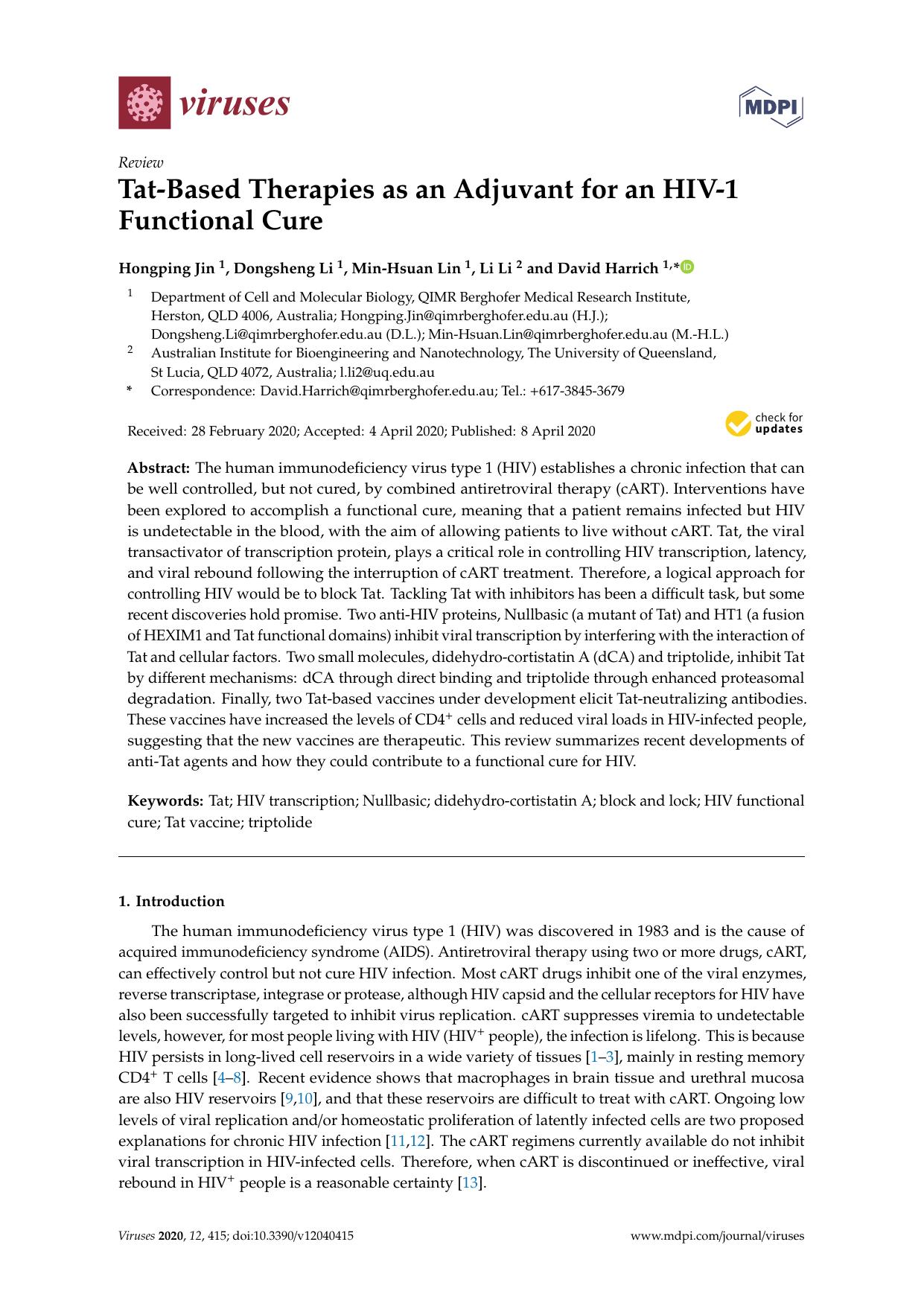 Tat-Based Therapies as an Adjuvant for an HIV-1 Functional Cure by Hongping Jin Dongsheng Li Min-Hsuan Lin Li Li & David Harrich