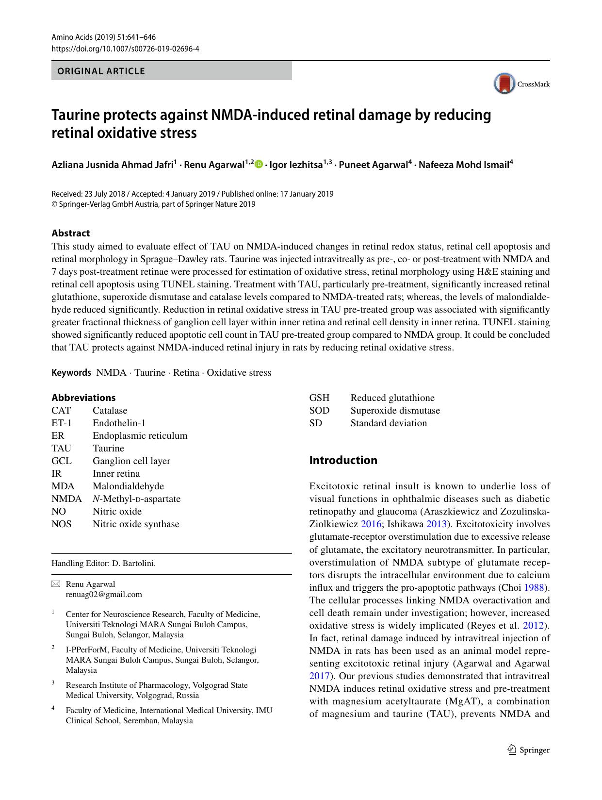 Taurine protects against NMDA-induced retinal damage by reducing retinal oxidative stress by unknow