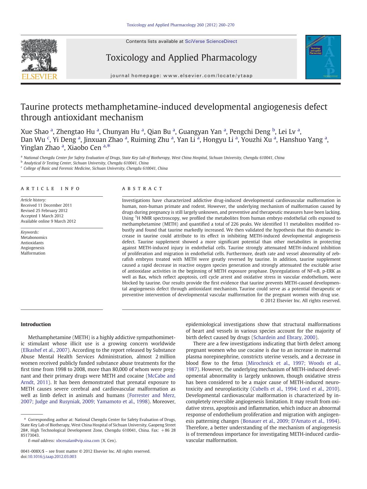 Taurine protects methamphetamine-induced developmental angiogenesis defect through antioxidant mechanism by unknow