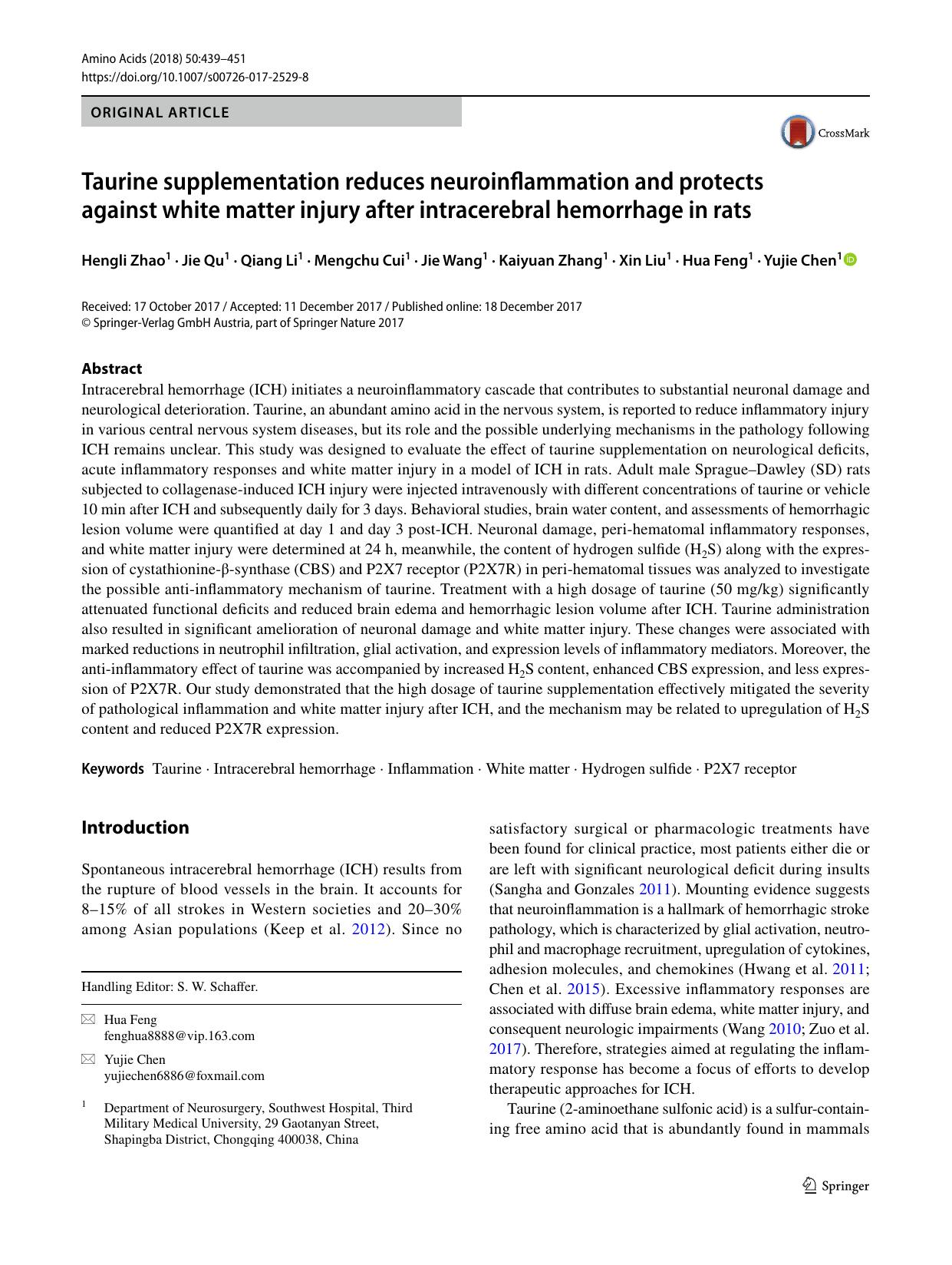 Taurine supplementation reduces neuroinflammation and protects against white matter injury after intracerebral hemorrhage in rats by unknow