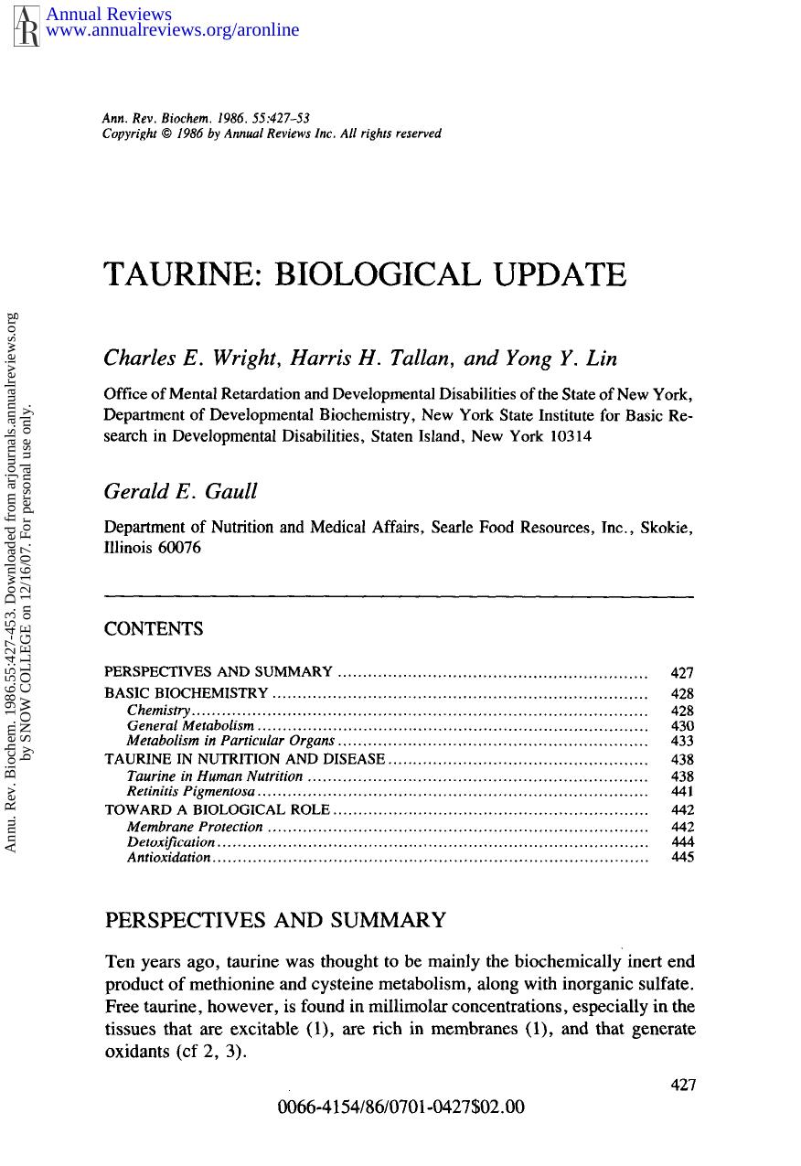 Taurine: Biological Update by C E Wright H H Tallan & Y Y Lin