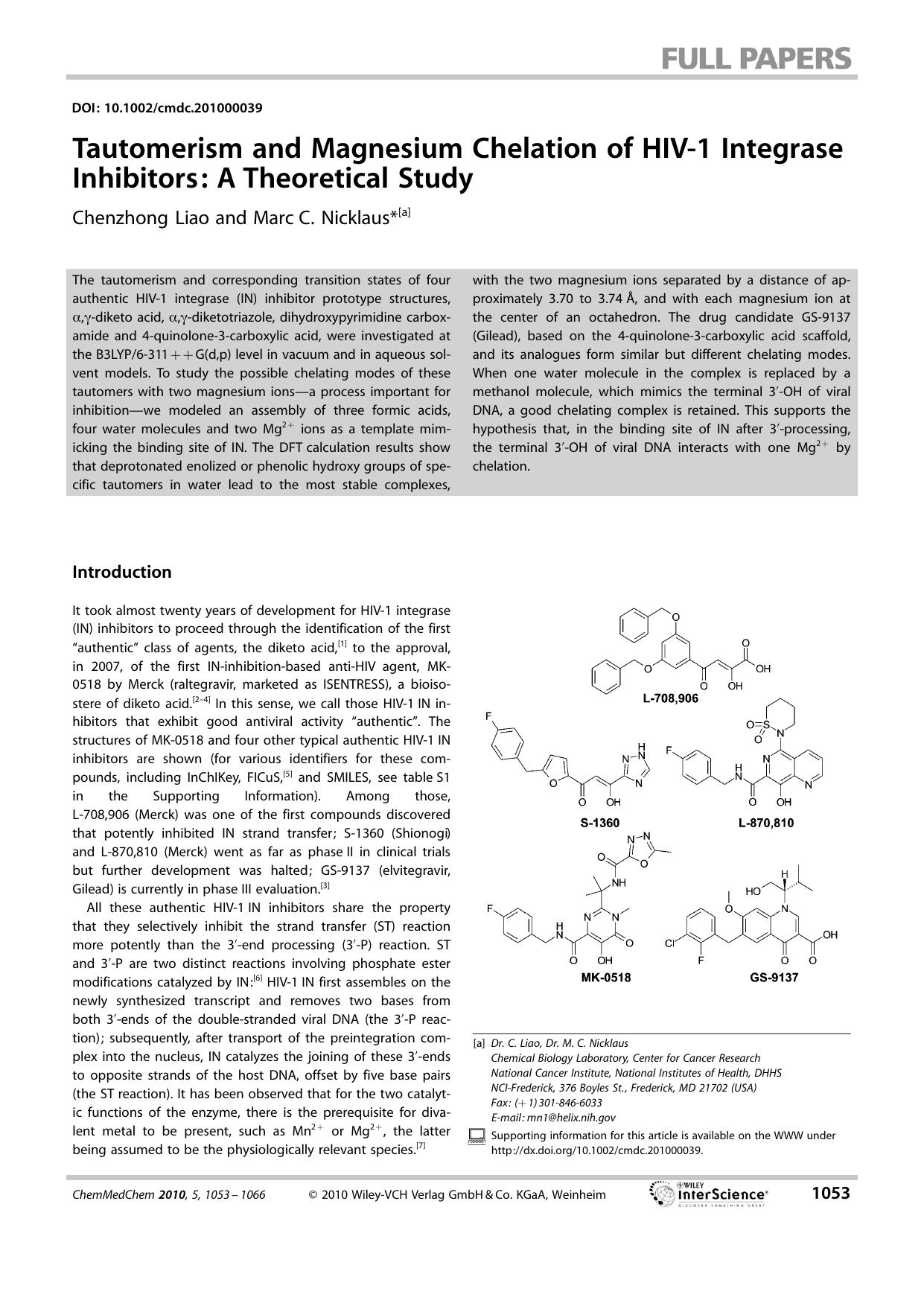 Tautomerism and Magnesium Chelation of HIV-1 Integrase Inhibitors: A Theoretical Study by Unknown