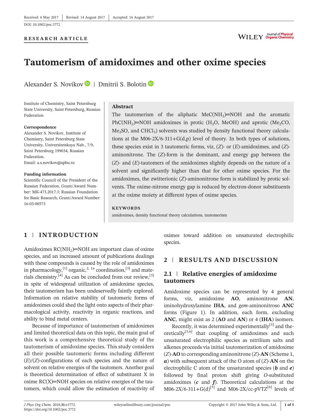 Tautomerism of amidoximes and other oxime species by Alexander S. Novikov & Dmitrii S. Bolotin