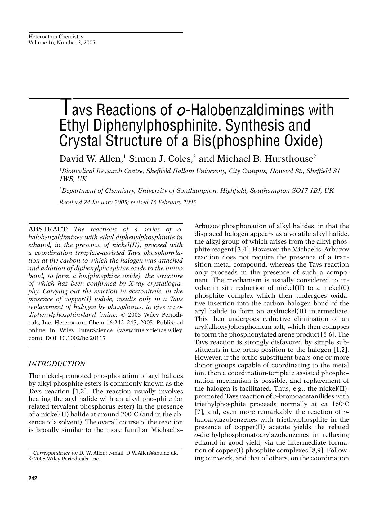 Tavs reactions of o-halobenzaldimines with ethyl diphenylphosphinite. Synthesis and crystal structure of a bis(phosphine oxide) by gnm