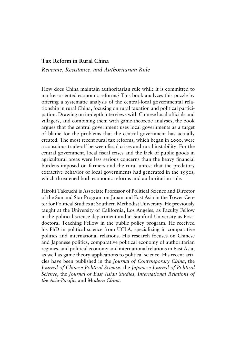 Tax Reform in Rural China: Revenue, Resistance, and Authoritarian Rule by Hiroki Takeuchi