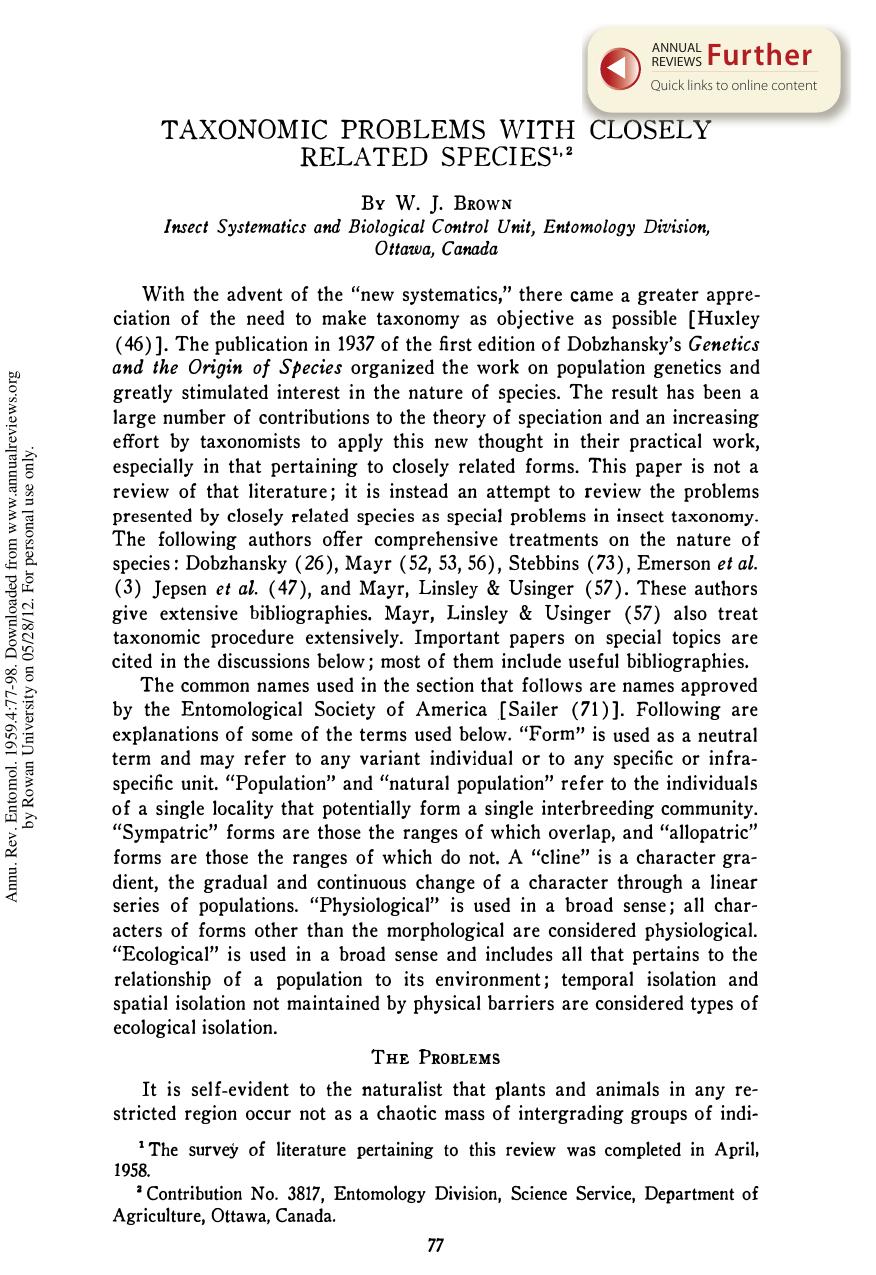 Taxonomic Problems with Closely Related Species by W J Brown