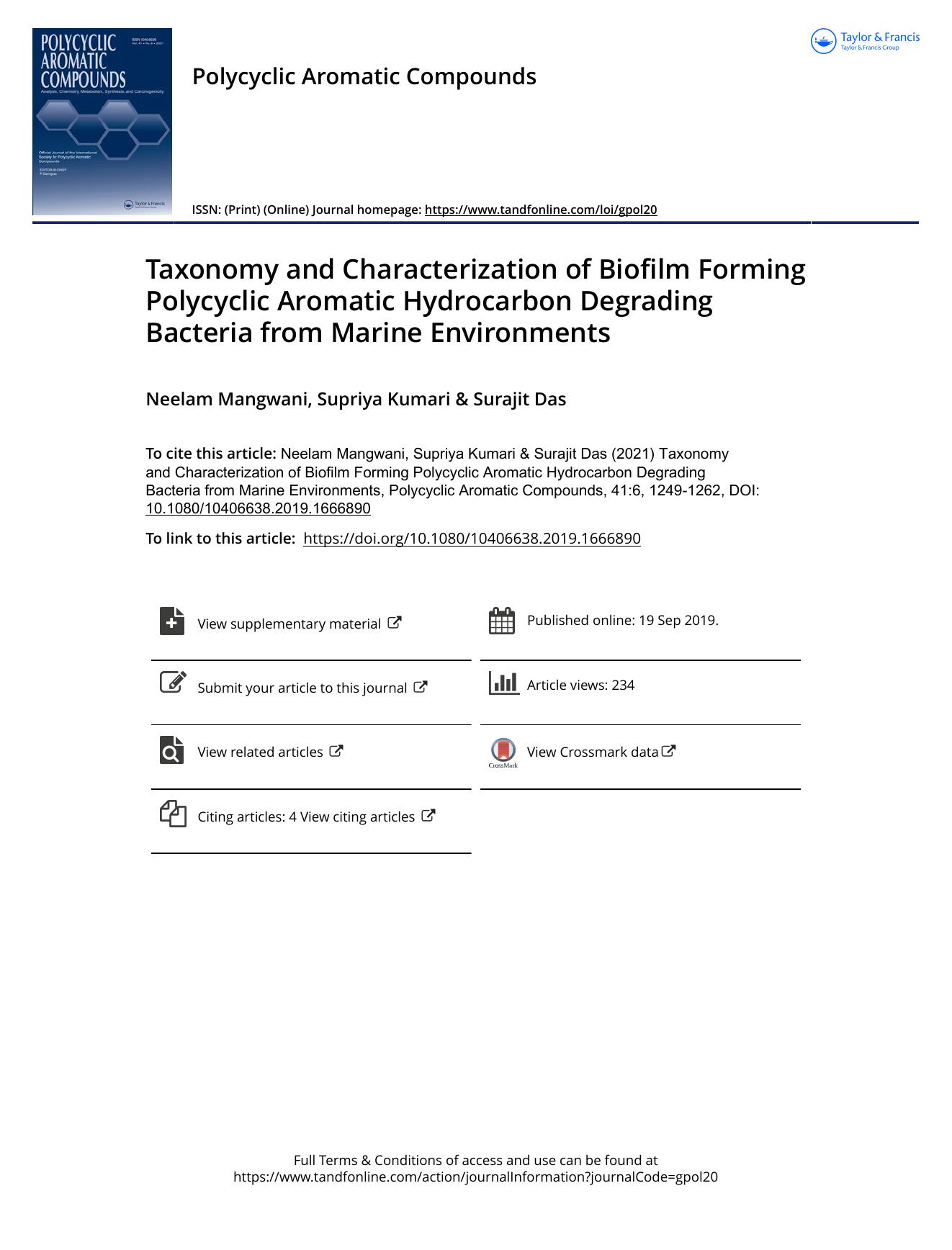 Taxonomy and Characterization of Biofilm Forming Polycyclic Aromatic Hydrocarbon Degrading Bacteria from Marine Environments by Mangwani Neelam & Kumari Supriya & Das Surajit
