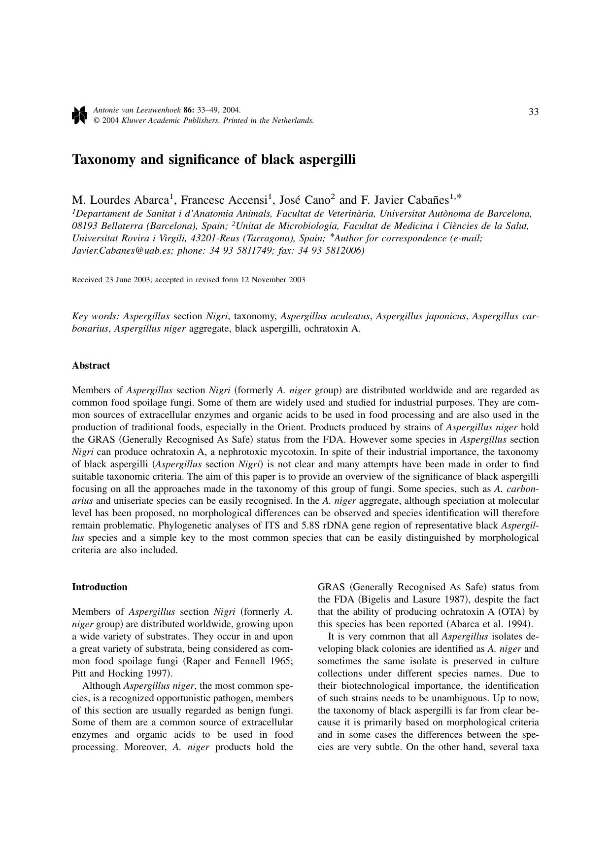 Taxonomy and significance of black aspergilli by Unknown