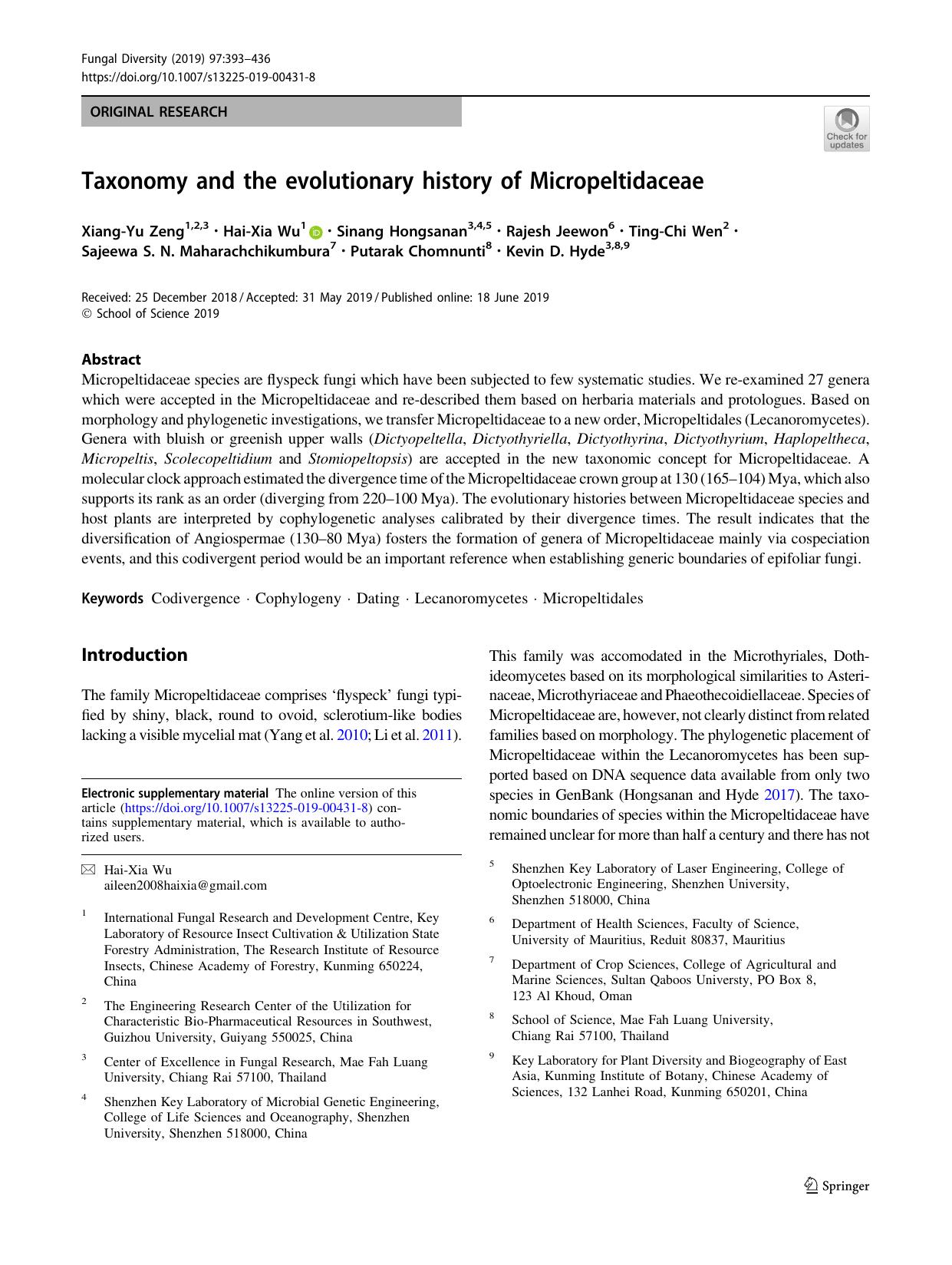 Taxonomy and the evolutionary history of Micropeltidaceae by unknow
