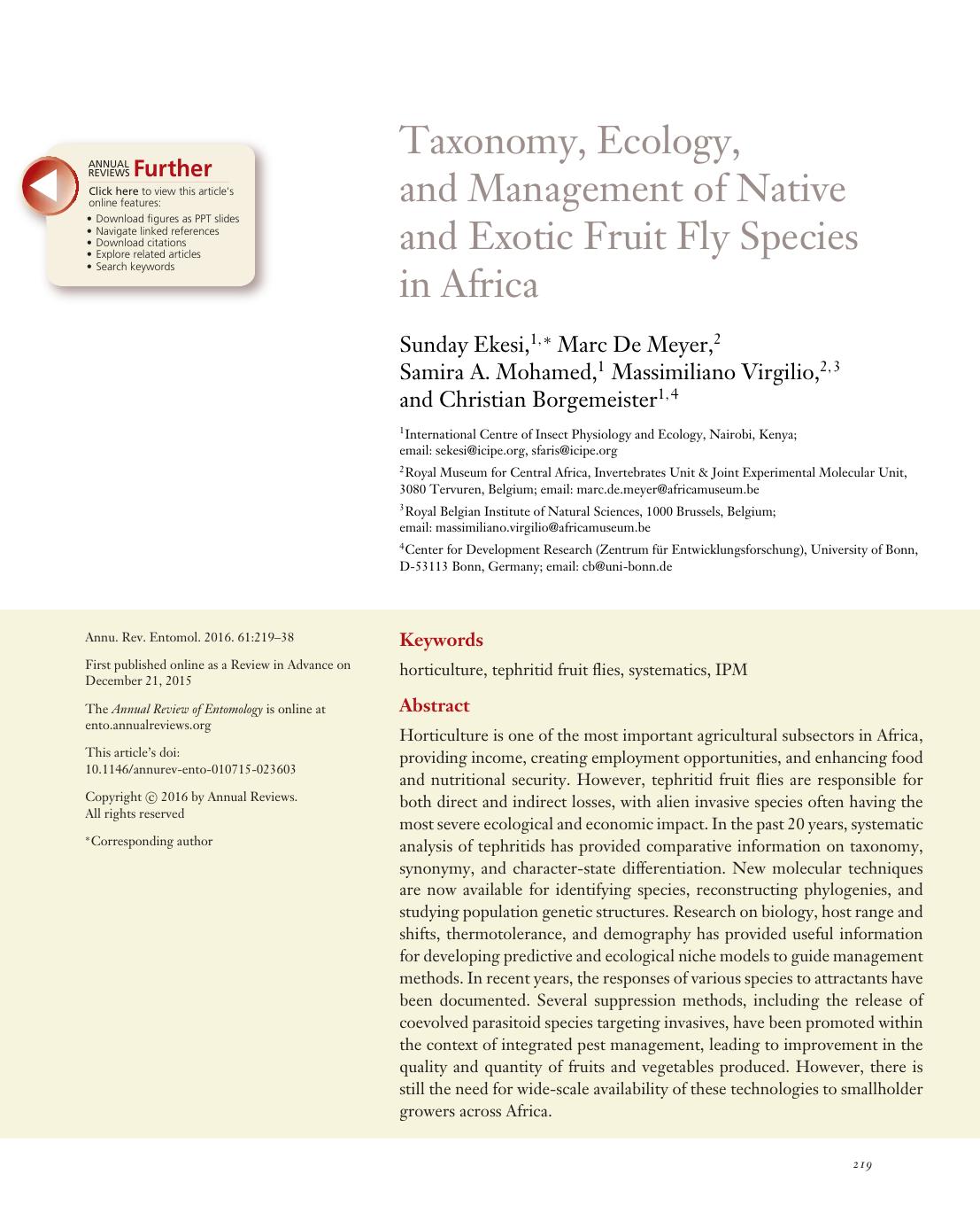 Taxonomy, Ecology, and Management of Native and Exotic Fruit Fly Species in Africa by Sunday Ekesi Marc De Meyer Samira A. Mohamed Massimiliano Virgilio Christian Borgemeister