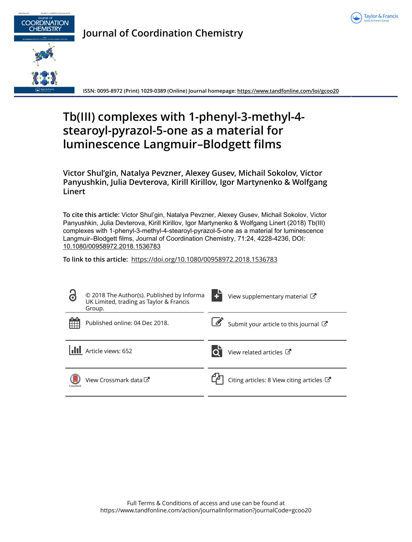 Tb(III) complexes with 1-phenyl-3-methyl-4-stearoyl-pyrazol-5-one as a material for luminescence LangmuirâBlodgett films by unknow