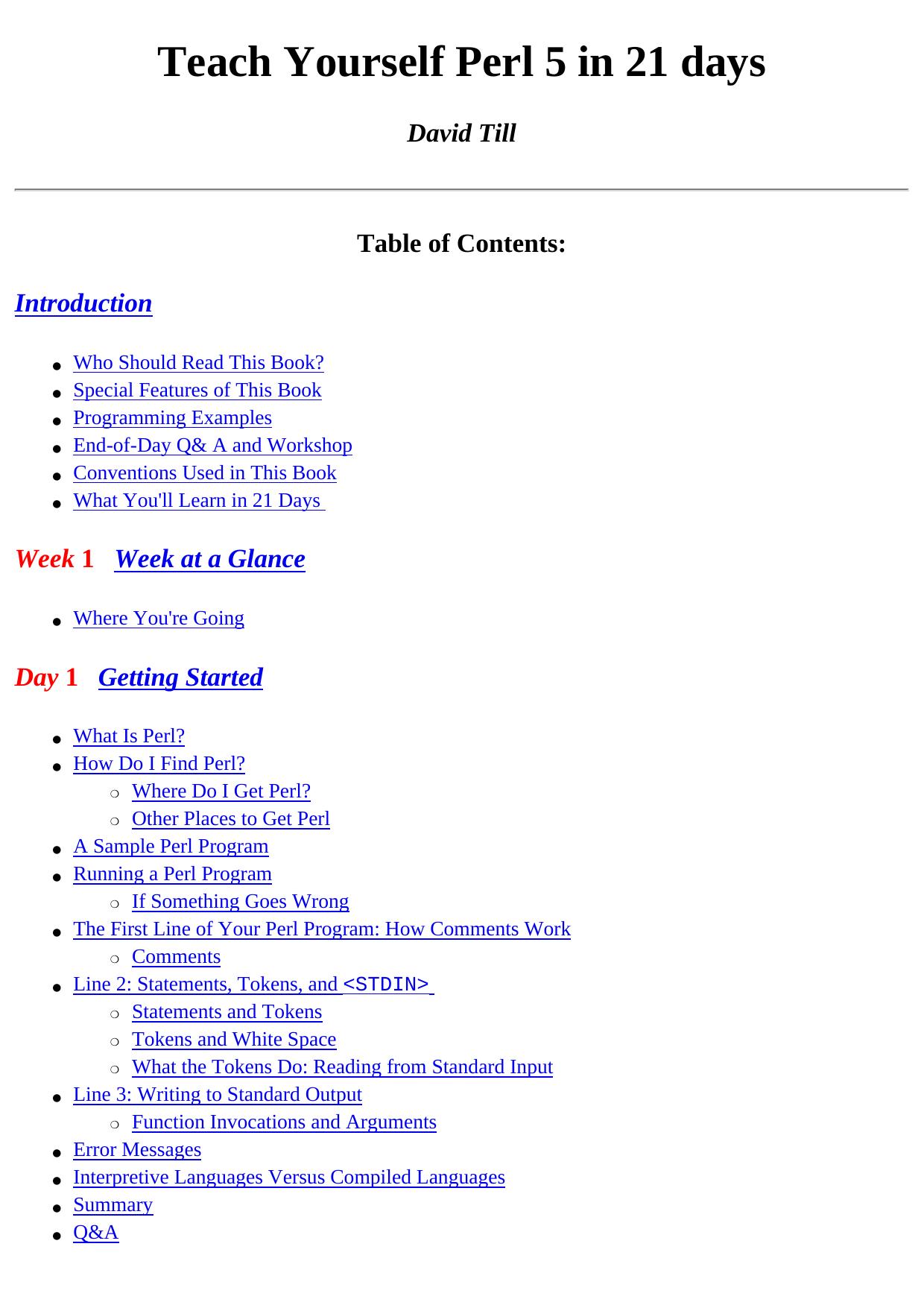 Teach Yourself Perl 5 in 21 days by David Till; PDF Edition: UncleVan