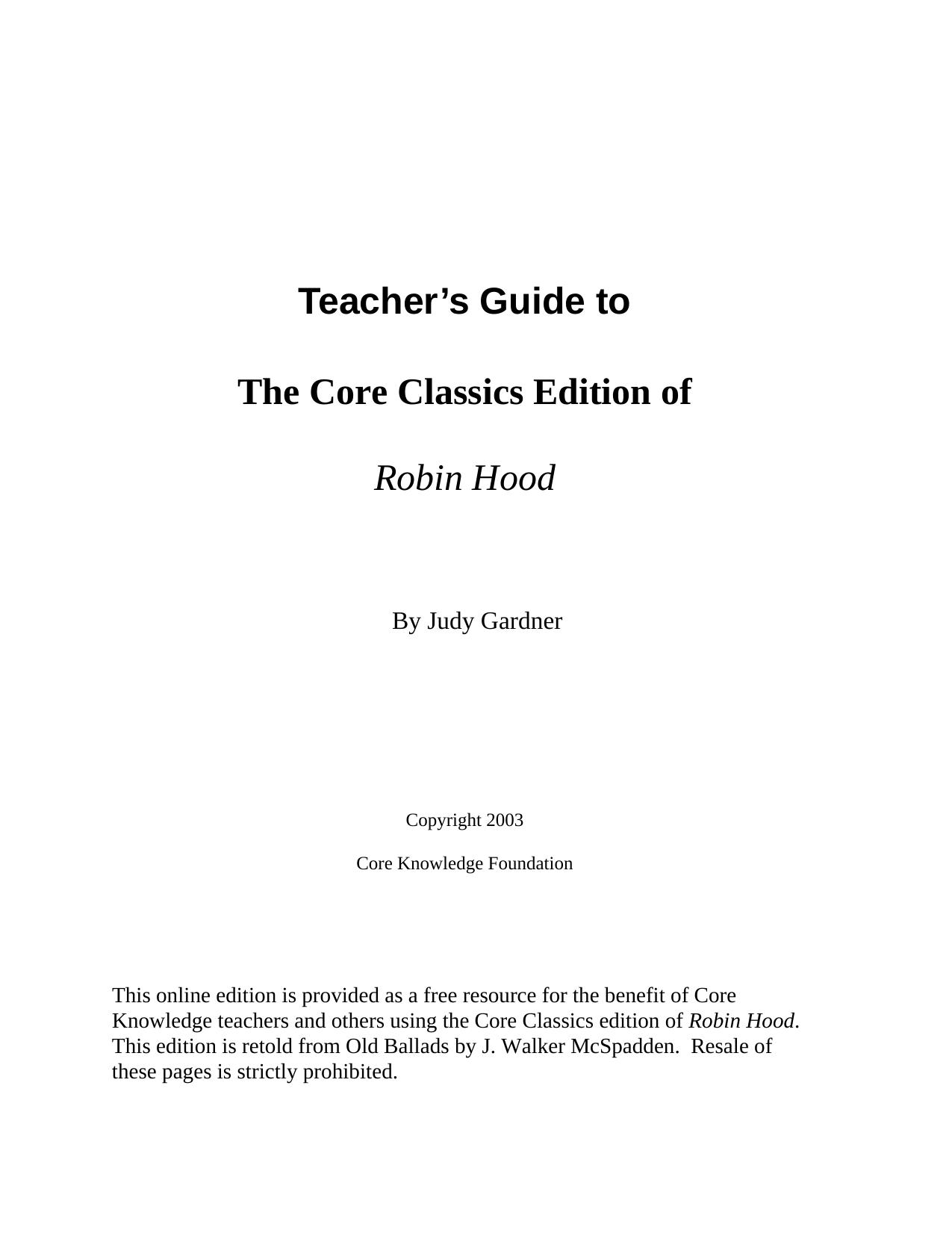 Teacher’s Guide to The Core Classics Edition of Robin Hood by Judy Gardner