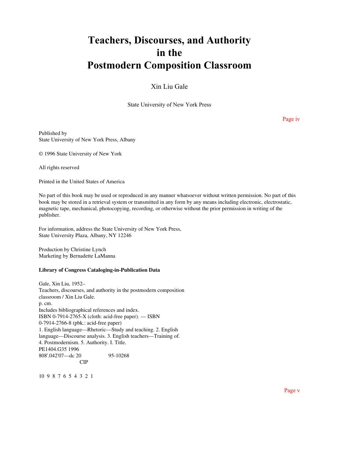 Teachers, Discourses, and Authority in the Postmodern Composition Classroom by Xin Liu Gale