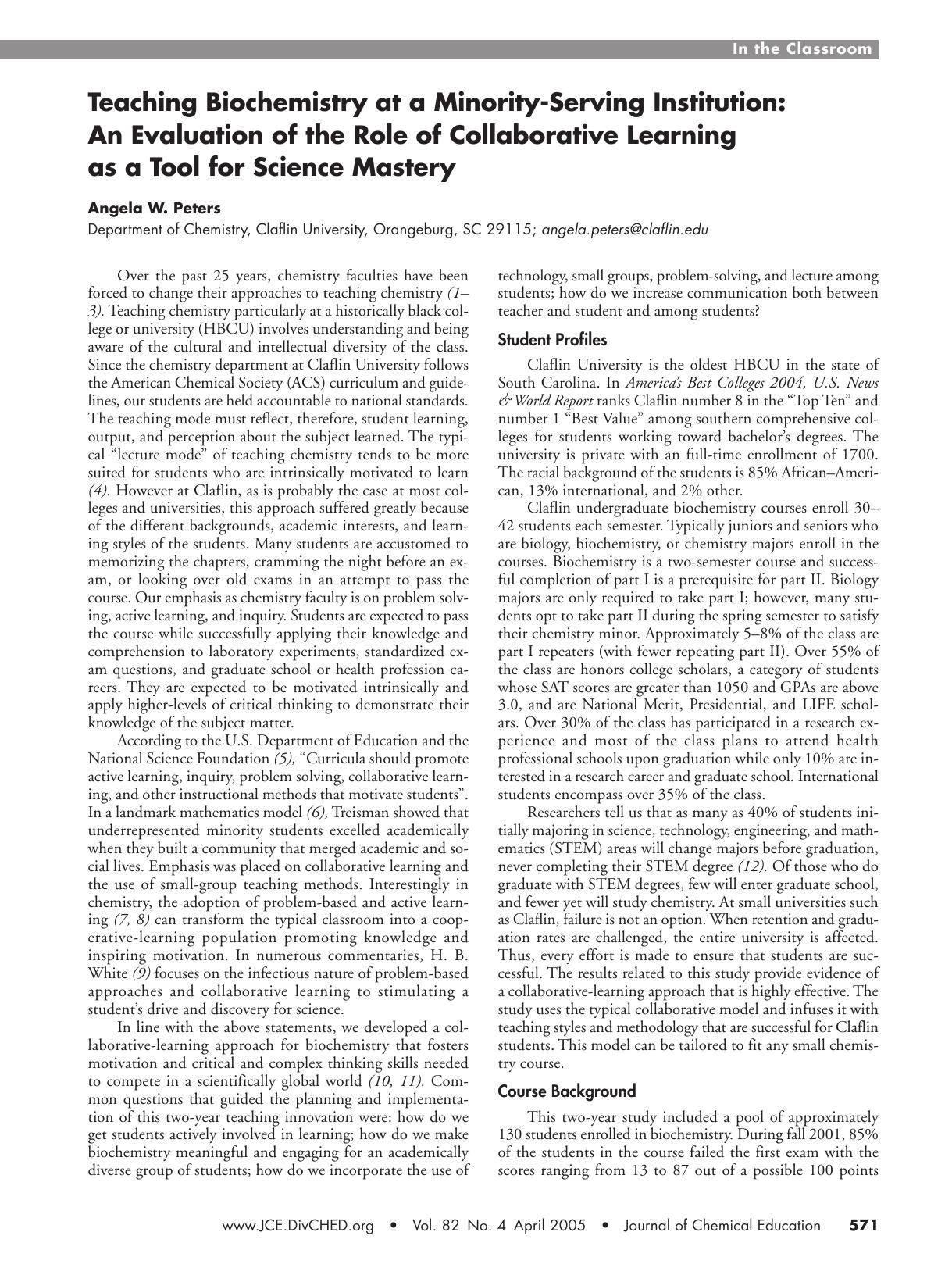 Teaching Biochemistry at a Minority-Serving Institution: An Evaluation of the Role of Collaborative Learning as a Tool for Science Mastery by Angela W. Peters