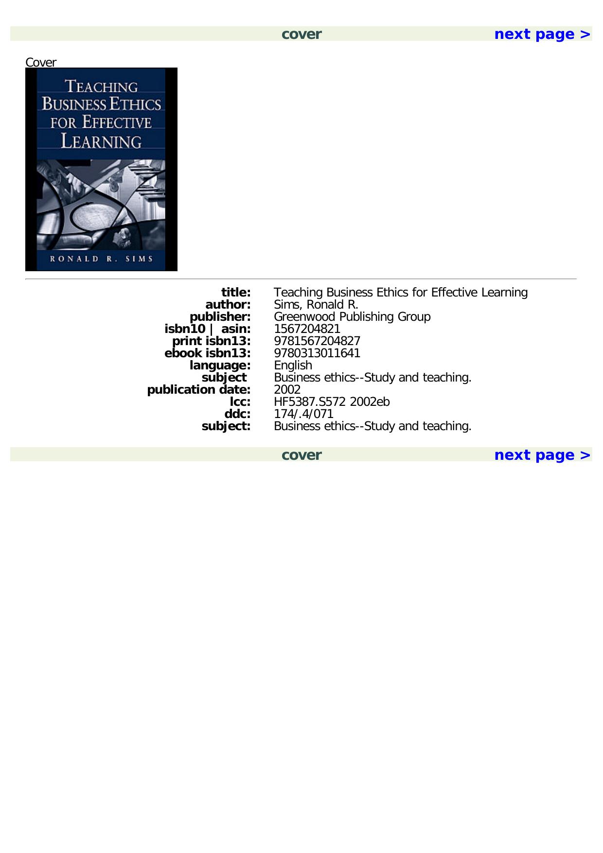 Teaching Business Ethics for Effective Learning by Ronald R. Sims