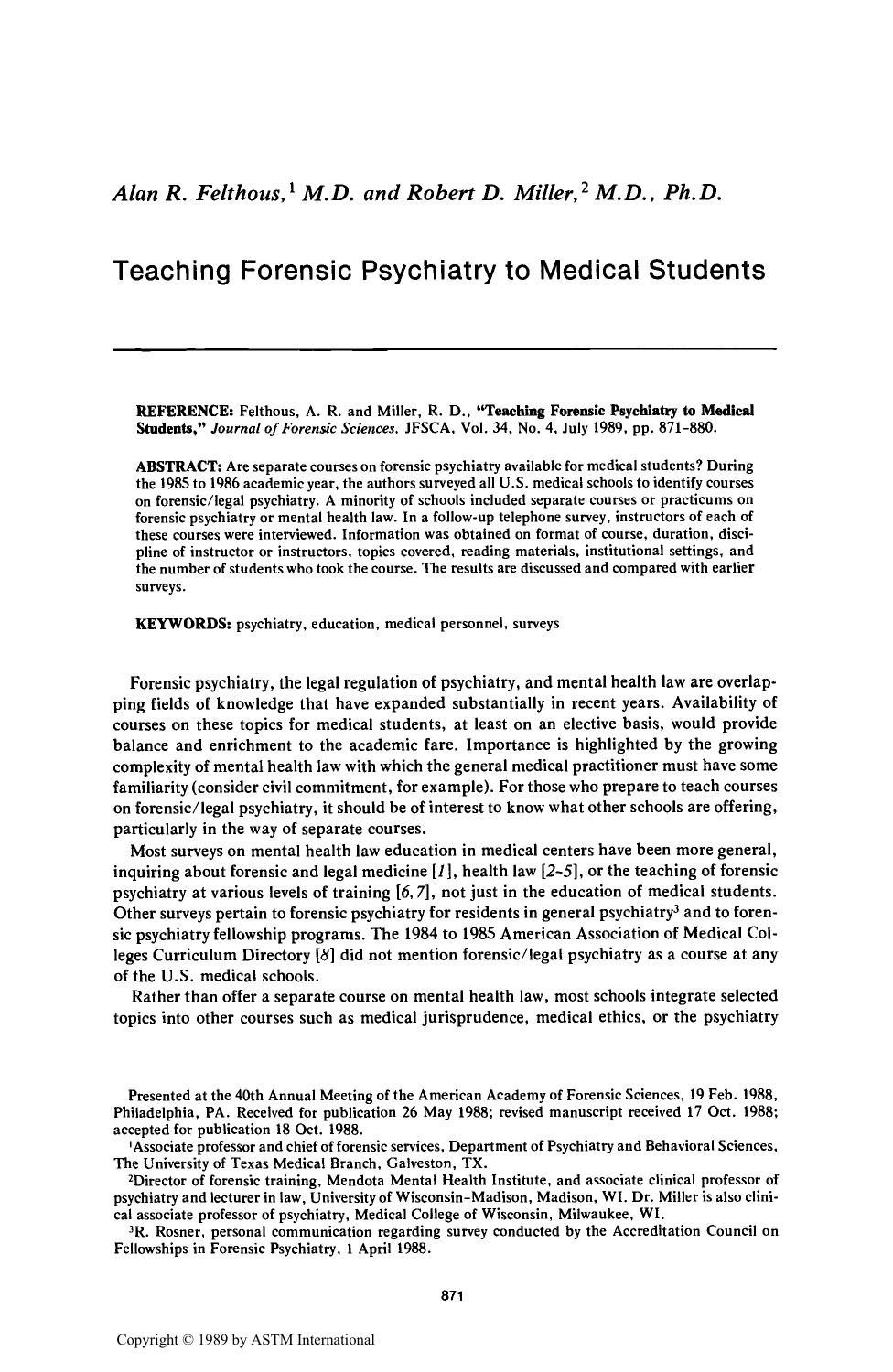 Teaching Forensic Psychiatry to Medical Students by Felthous AR Miller RD