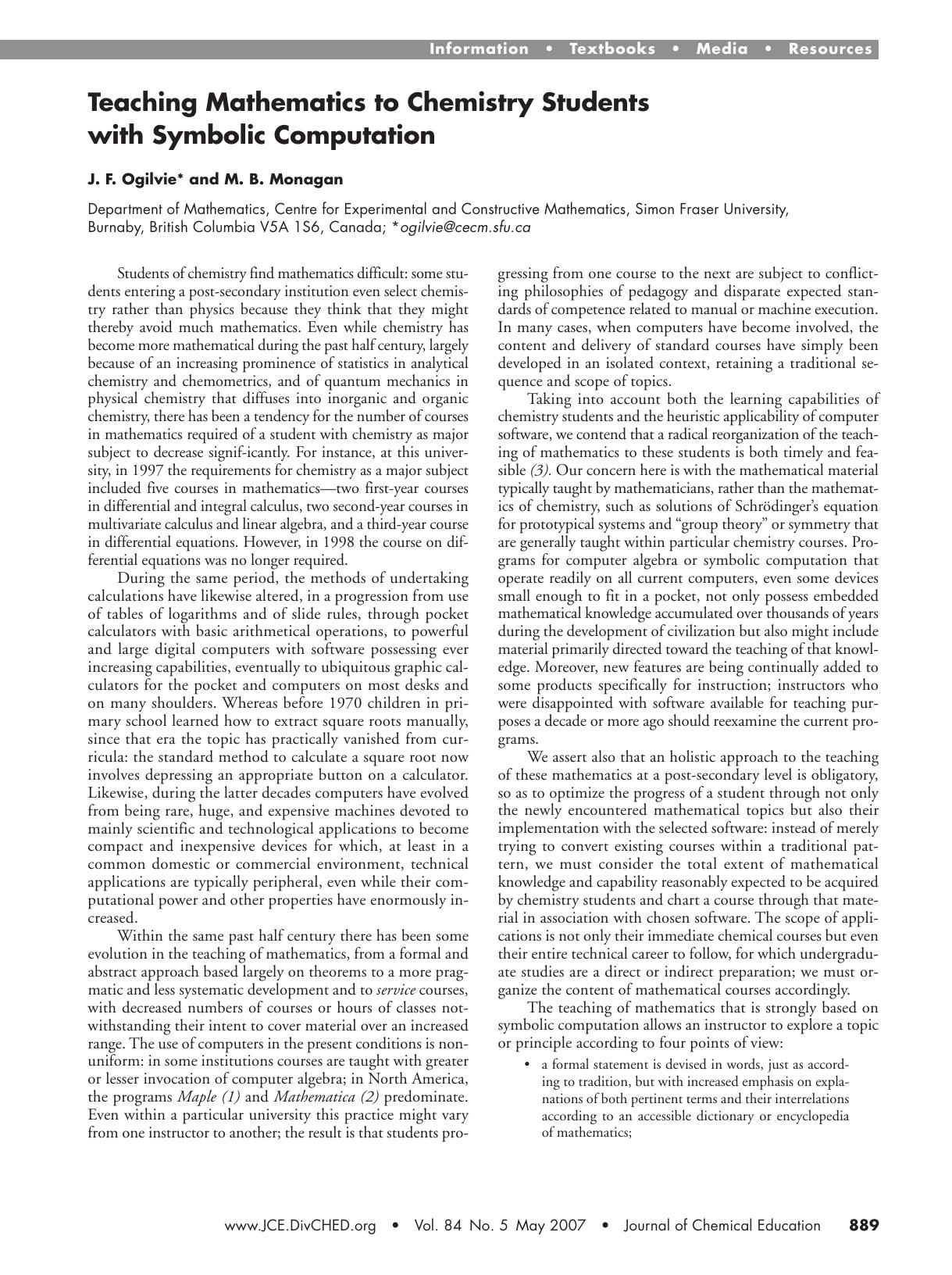 Teaching Mathematics to Chemistry Students with Symbolic Computation by J. F. Ogilvie and M. B. Monagan
