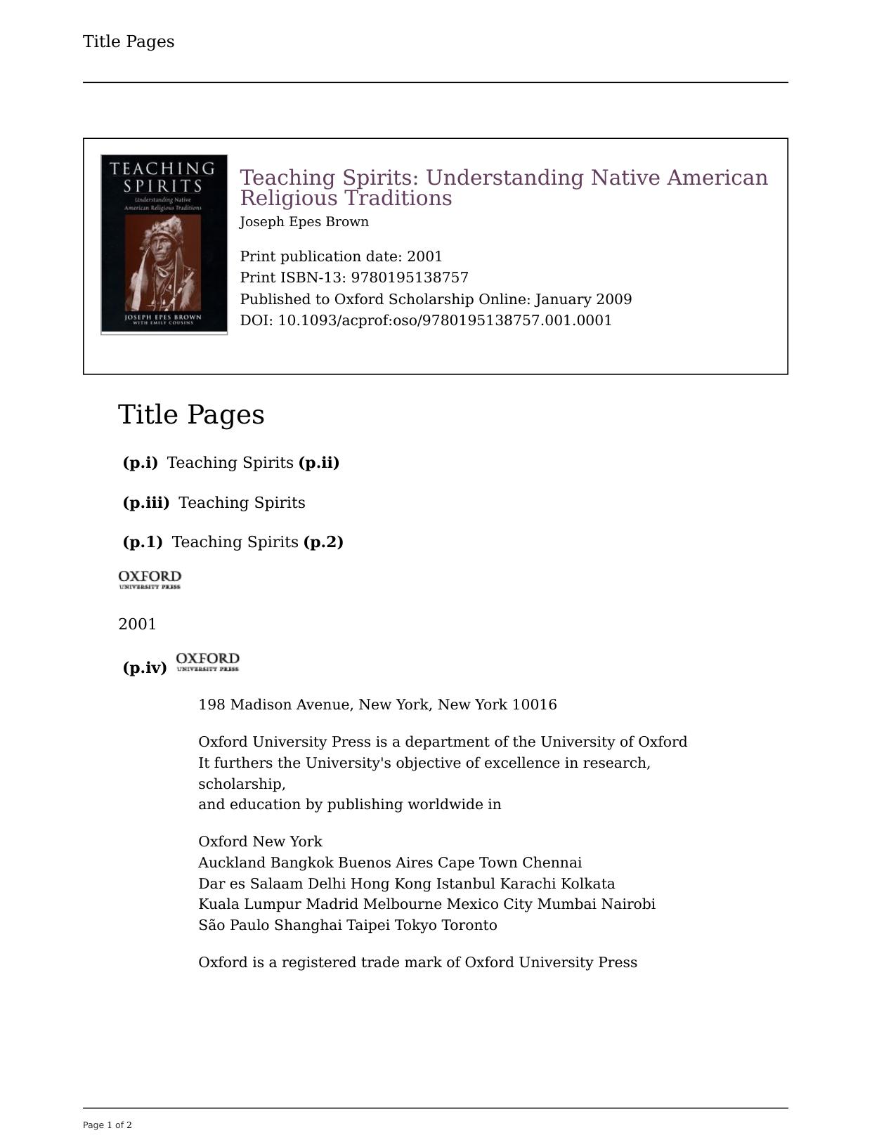 Teaching Spirits: Understanding Native American Religious Traditions by Joseph Epes Brown