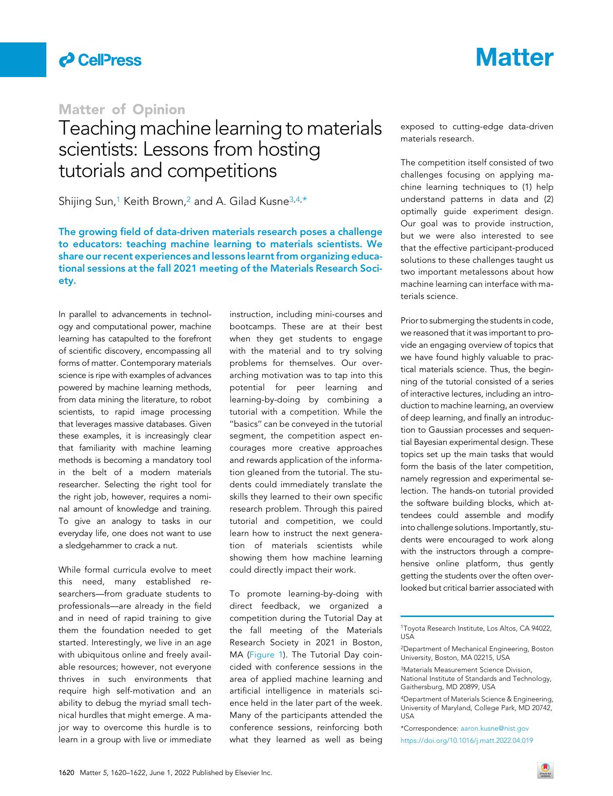 Teaching machine learning to materials scientists: Lessons from hosting tutorials and competitions by Shijing Sun & Keith Brown & A. Gilad Kusne