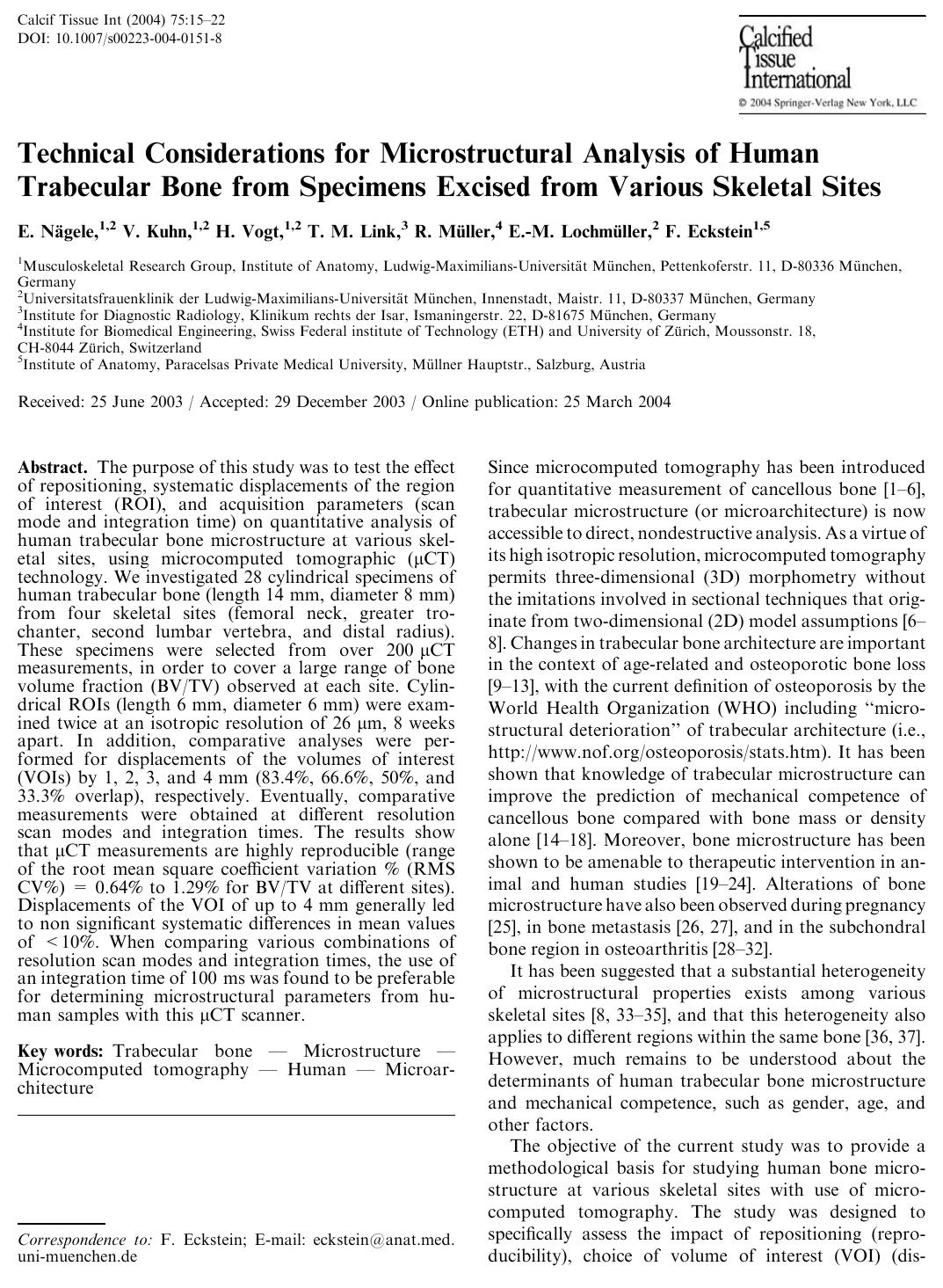 Technical Considerations for Microstructural Analysis of Human Trabecular Bone from Specimens Excised from Various Skeletal Sites by Nagele E. et al