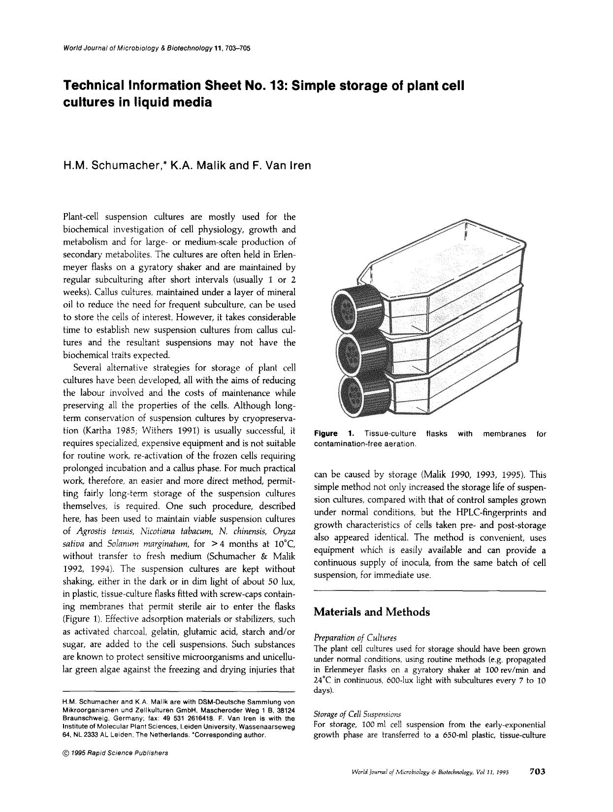 Technical Information Sheet No. 13: Simple storage of plant cell cultures in liquid media by Unknown