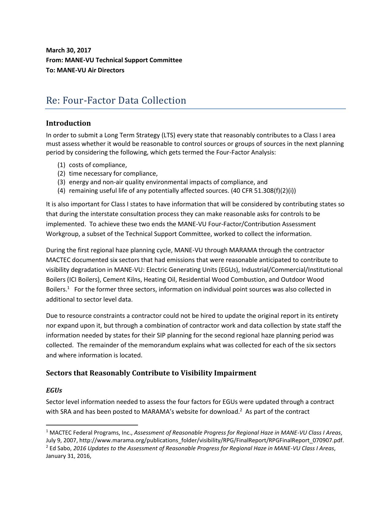 Technical Memorandum: Four-Factor Data Collection by MANE-VU Four Factor Workgroup