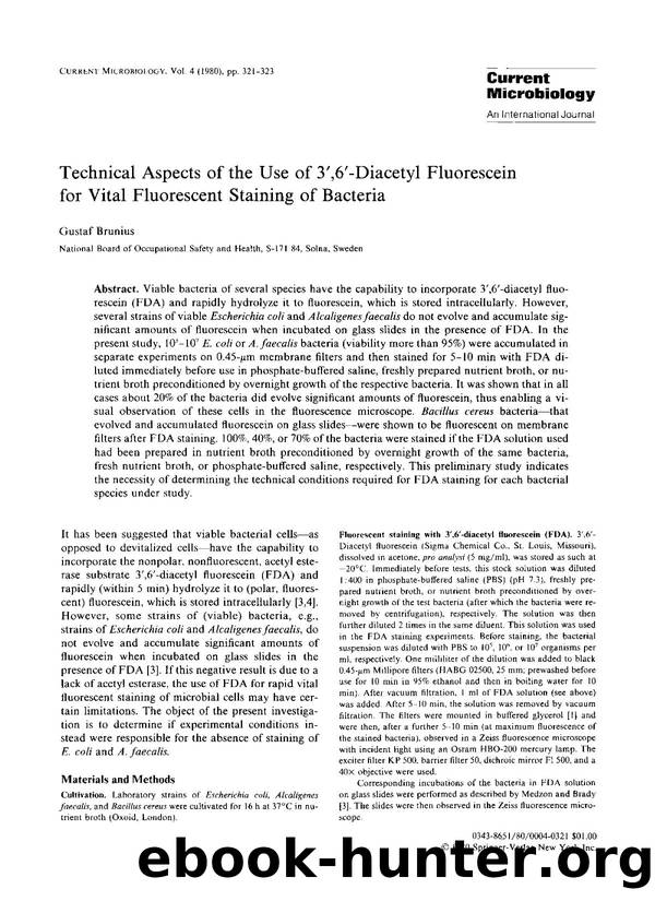 Technical aspects of the use of 3′,6′-diacetyl fluorescein for vital fluorescent staining of bacteria by Unknown