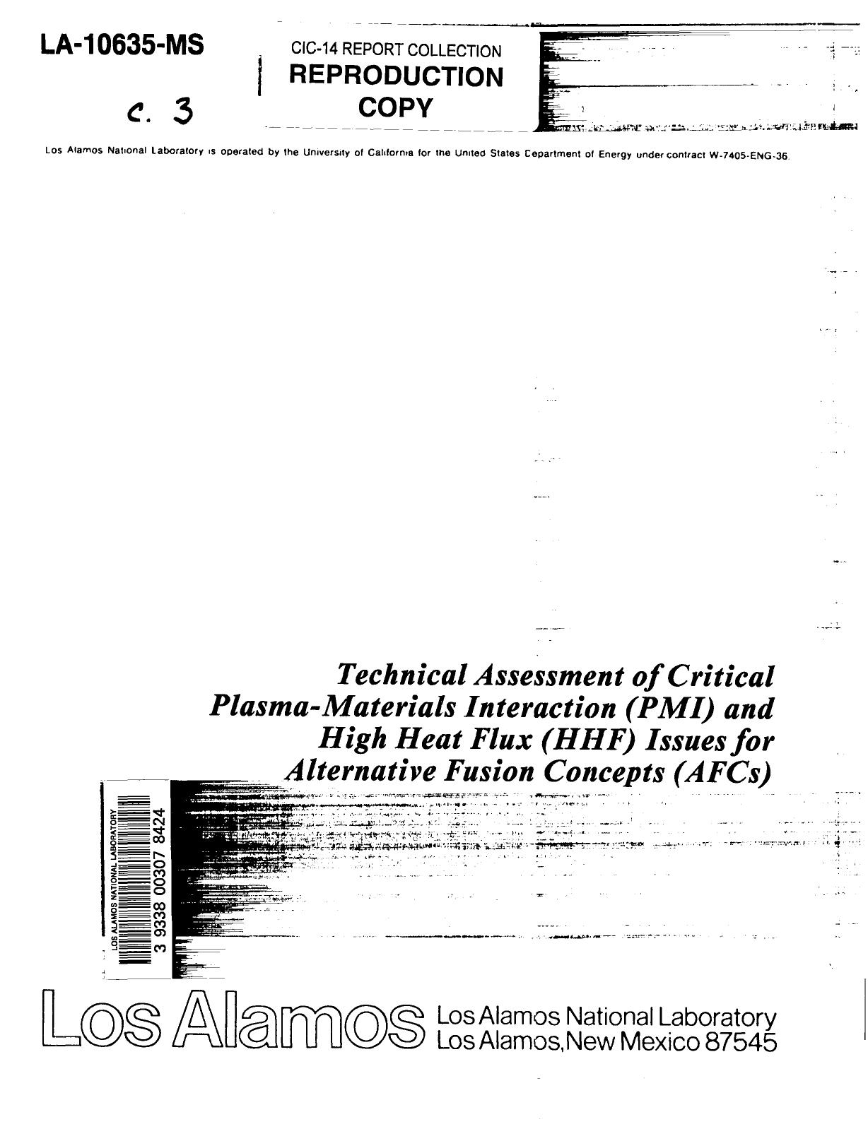 Technical assessment of critical plasma-materials interaction (PMI) and high heat flux (HHF) issues for alternative fusion concepts (AFCs) None by LANL Research Library LWW Project