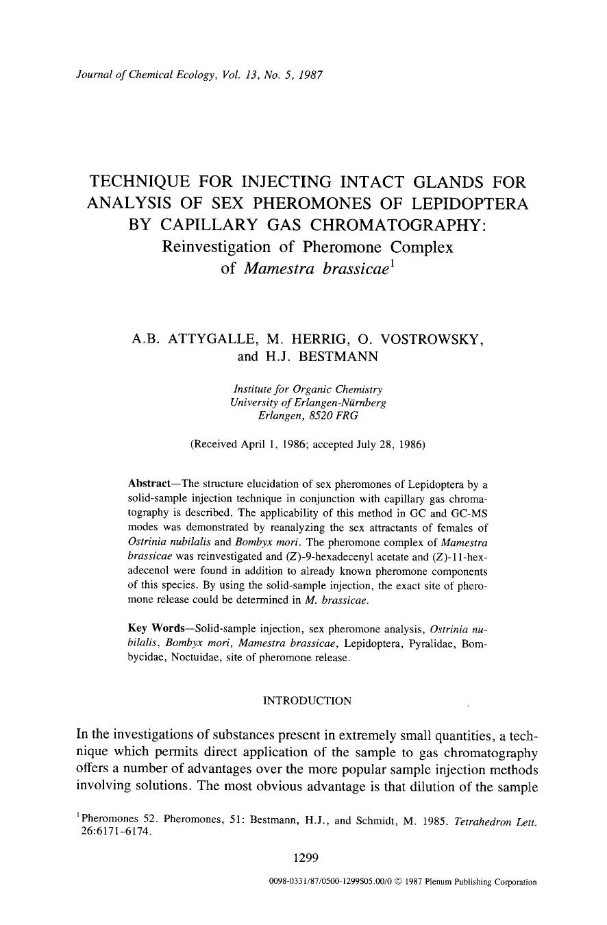 Technique for injecting intact glands for analysis of sex pheromones of Lepidoptera by capillary gas chromatography by Unknown