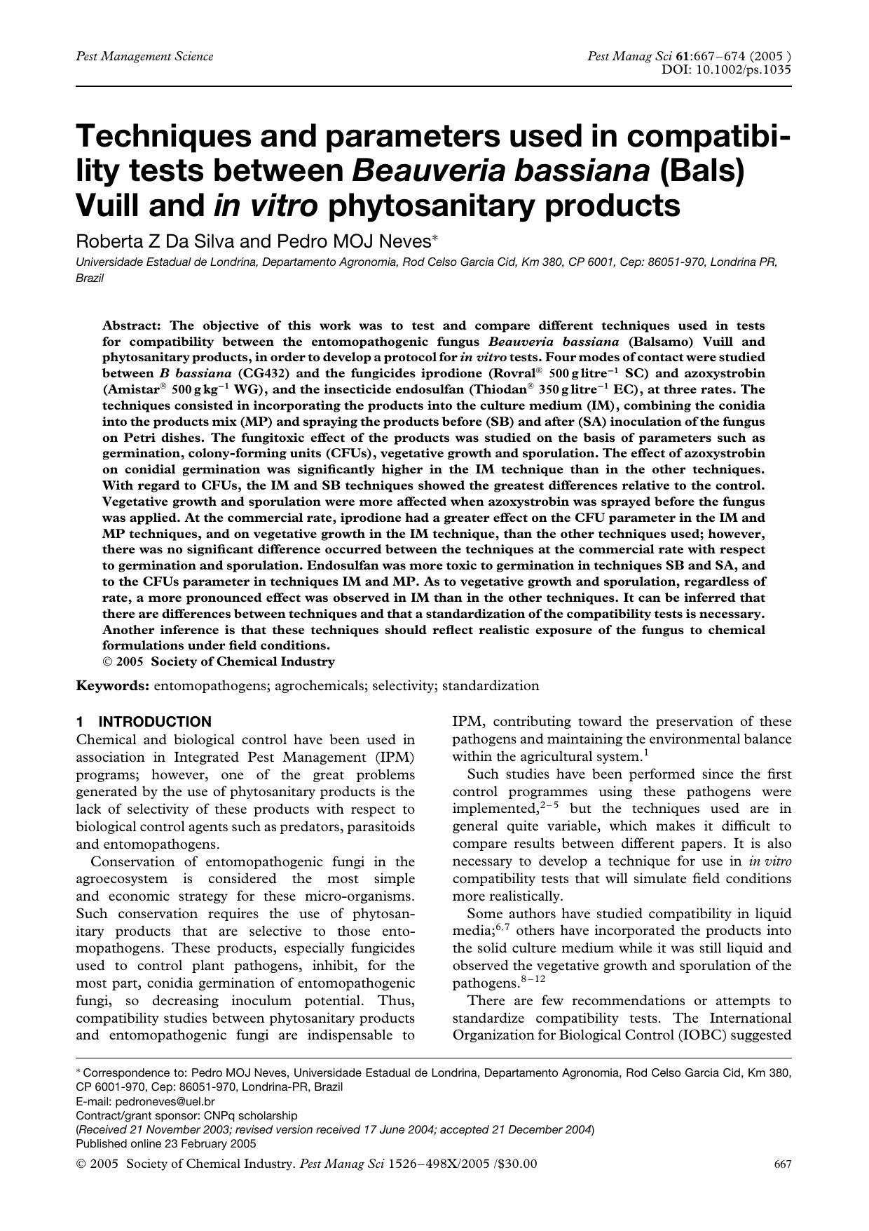 Techniques and parameters used in compatibility tests between Beauveria bassiana (Bals) Vuill and in vitro phytosanitary products by Unknown