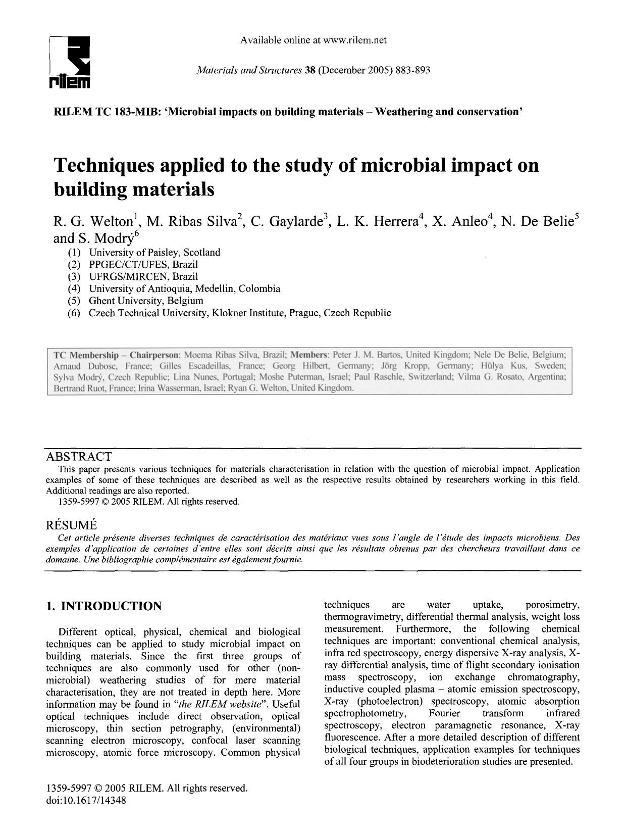 Techniques applied to the study of microbial impact on building materials by Unknown
