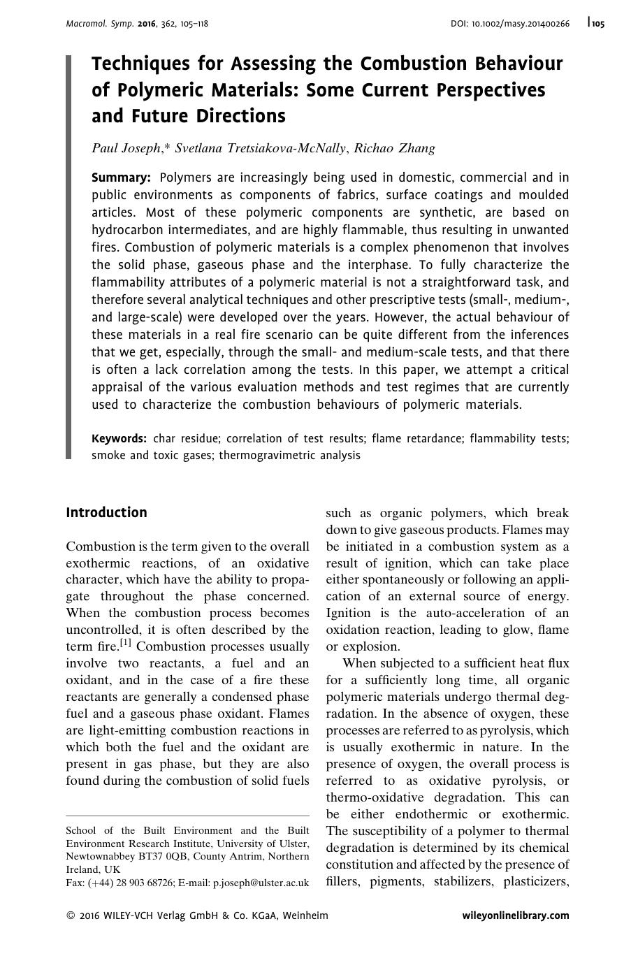 Techniques for Assessing the Combustion Behaviour of Polymeric Materials: Some Current Perspectives and Future Directions by Unknown