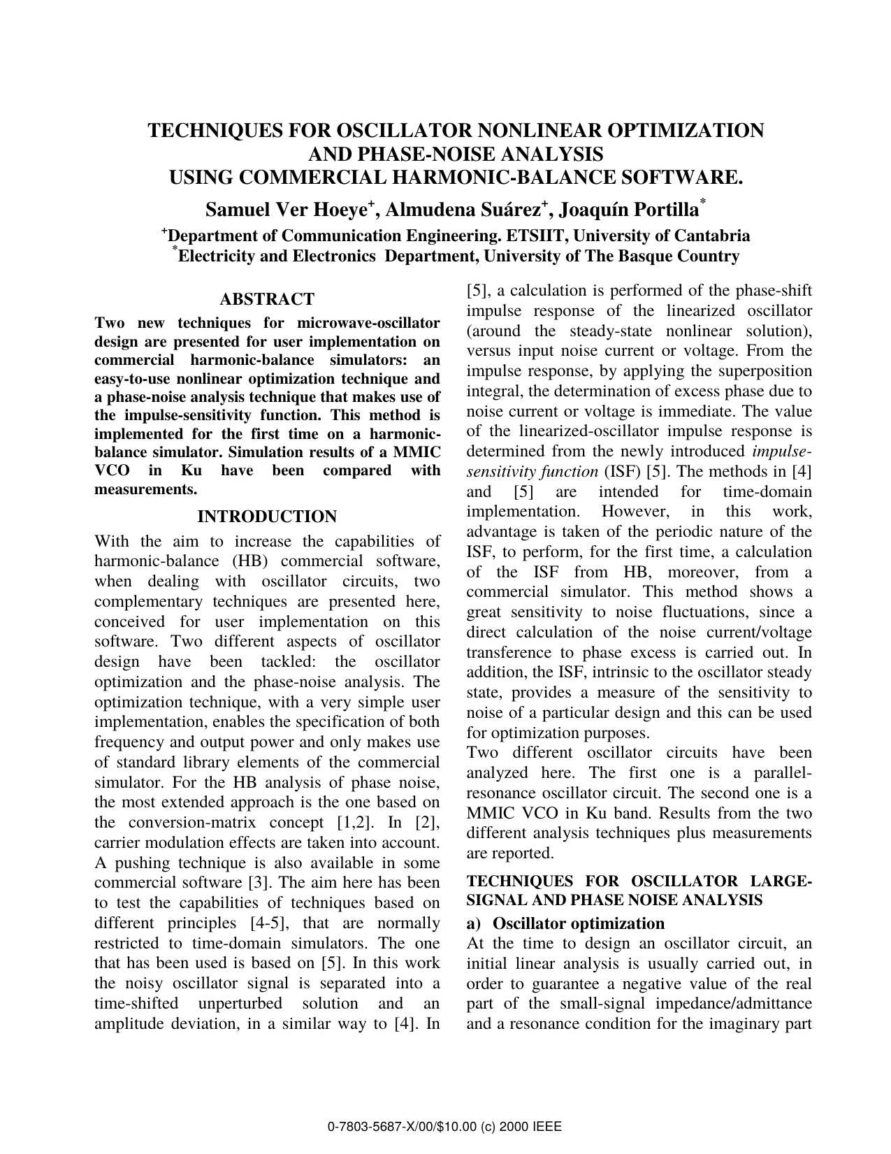 Techniques for Oscillator Nonlinear Optimization and Phase-Noise Analysis Using Commercial Harmonic-Balance Software by S. Ver Hoeye A. Suárez & J. Portilla