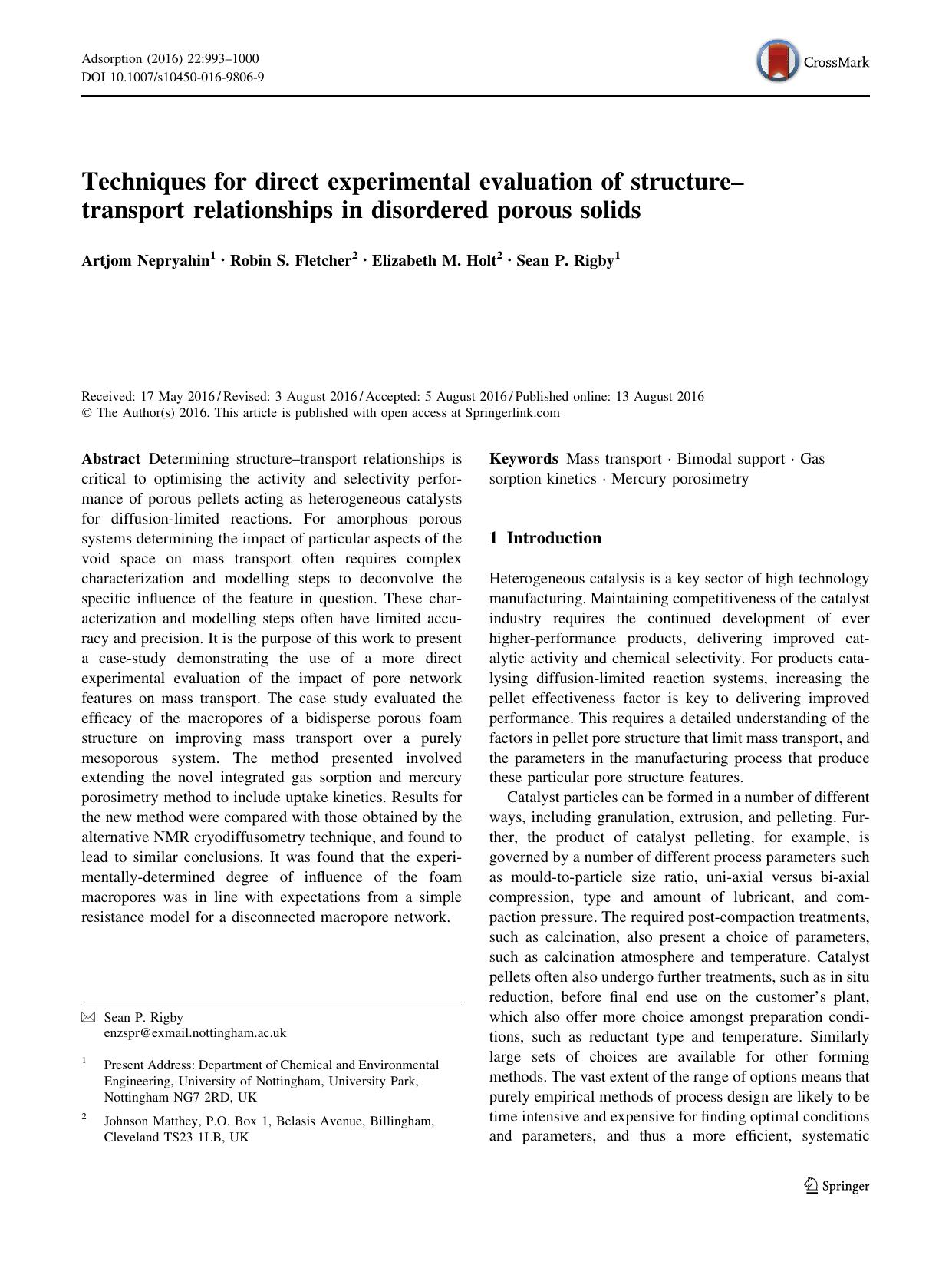 Techniques for direct experimental evaluation of structure–transport relationships in disordered porous solids by Artjom Nepryahin & Robin S. Fletcher & Elizabeth M. Holt & Sean P. Rigby