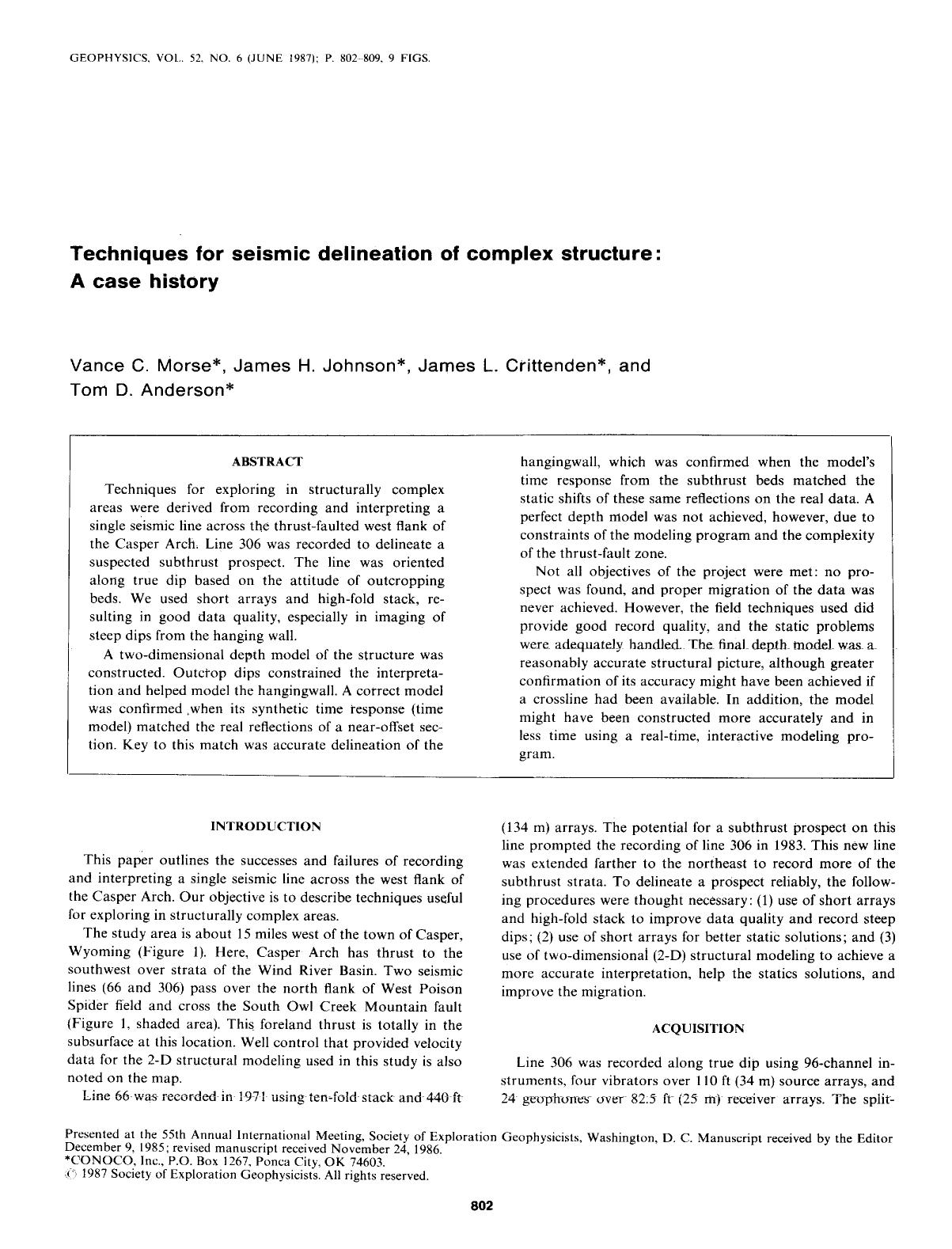 Techniques for seismic delineation of complex structure: A case history by Morse V. C.; Johnson J. H.; Crittenden J. L.; Anderson T. D