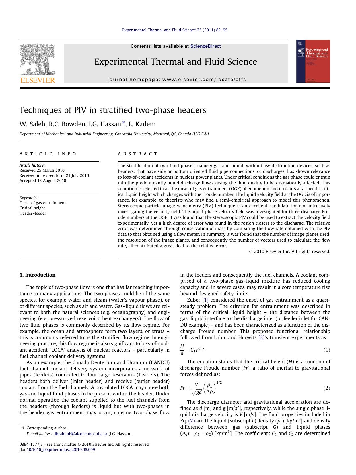 Techniques of PIV in stratified two-phase headers by W. Saleh & R.C. Bowden & I.G. Hassan & L. Kadem