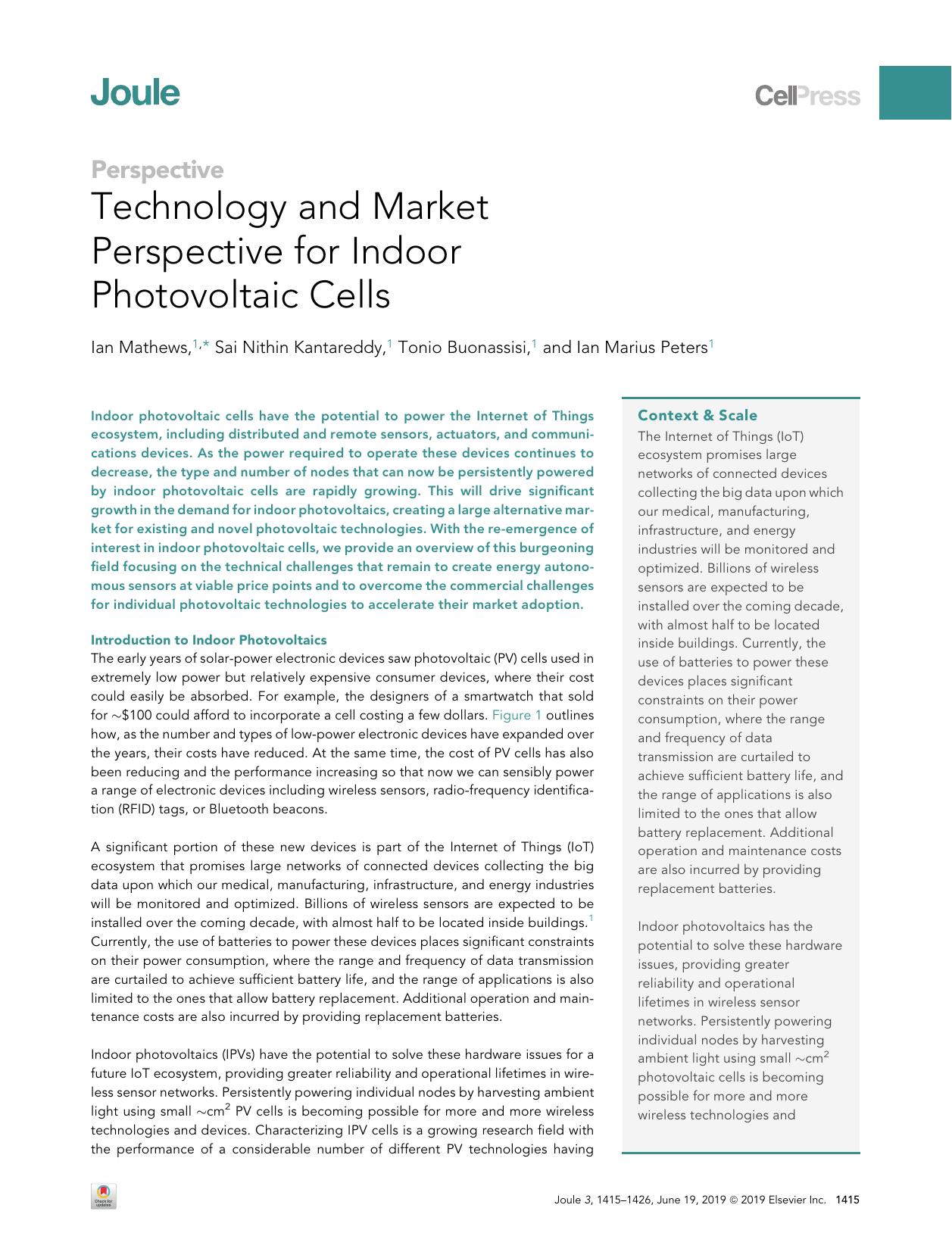 Technology and Market Perspective for Indoor Photovoltaic Cells by Ian Mathews & Sai Nithin Kantareddy & Tonio Buonassisi & Ian Marius Peters