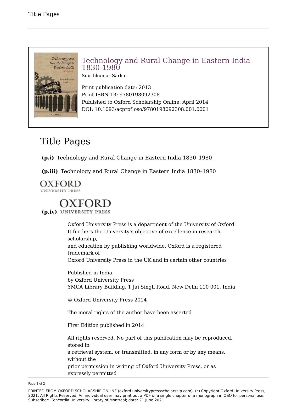 Technology and Rural Change in Eastern India, 1830-1980 by Smritikumar Sarkar