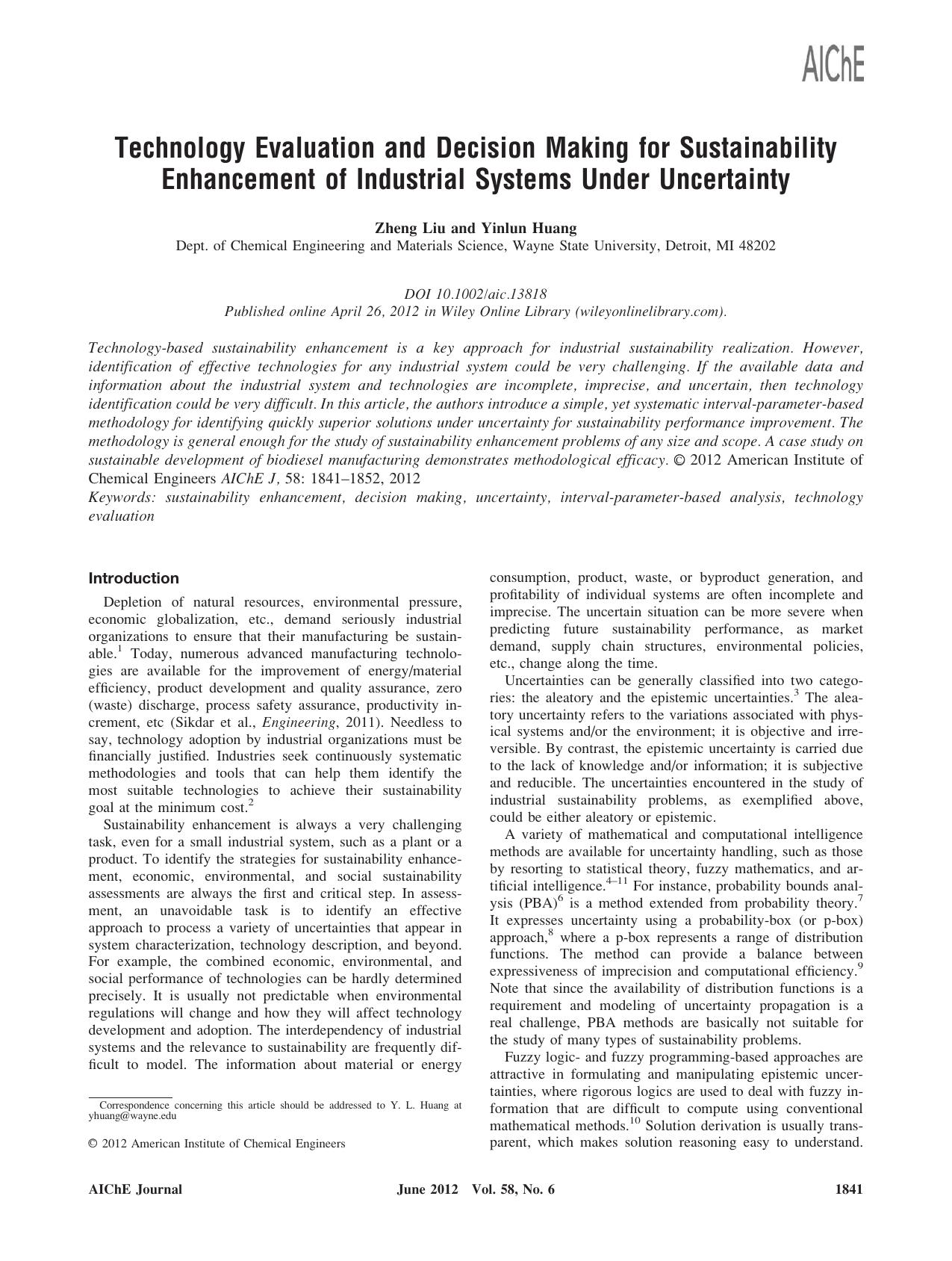 Technology evaluation and decision making for sustainability enhancement of industrial systems under uncertainty by Unknown