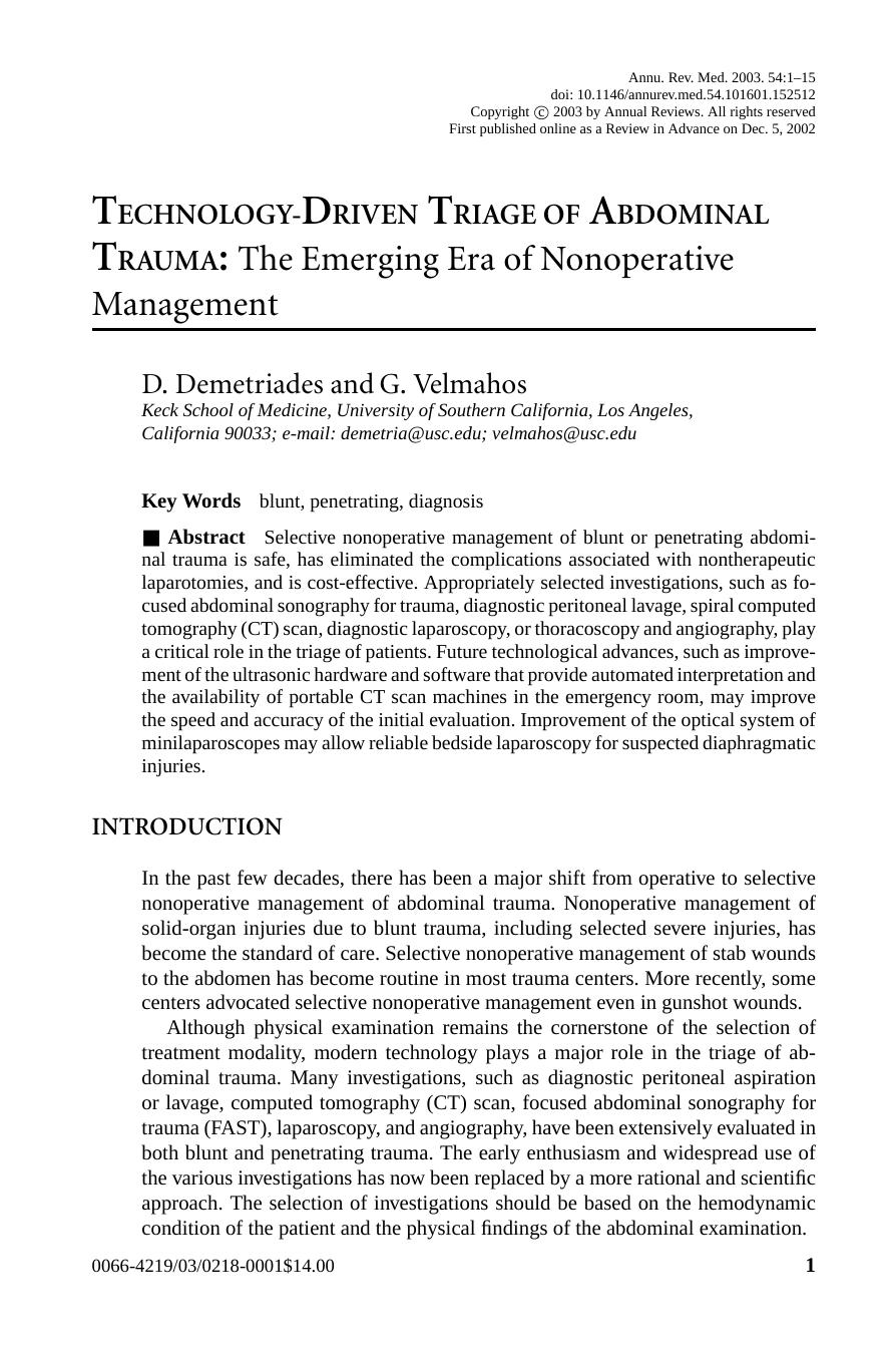 Technology-Driven Triage of Abdominal Trauma: The Emerging Era of Nonoperative Management by D. Demetriades and G. Velmahos