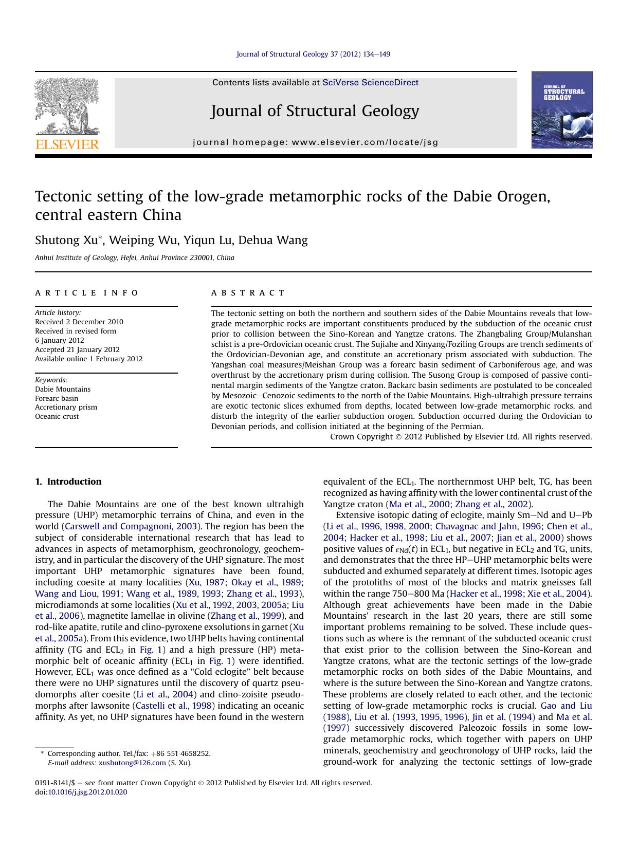 Tectonic setting of the low-grade metamorphic rocks of the Dabie Orogen, central eastern China by Shutong Xu & Weiping Wu & Yiqun Lu & Dehua Wang