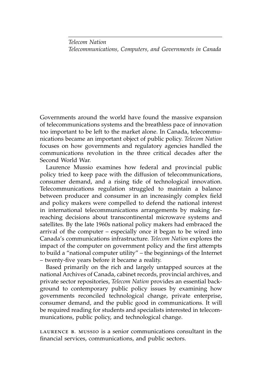 Telecom Nation : Telecommunications, Computers, and Governments in Canada by Laurence B. Mussio