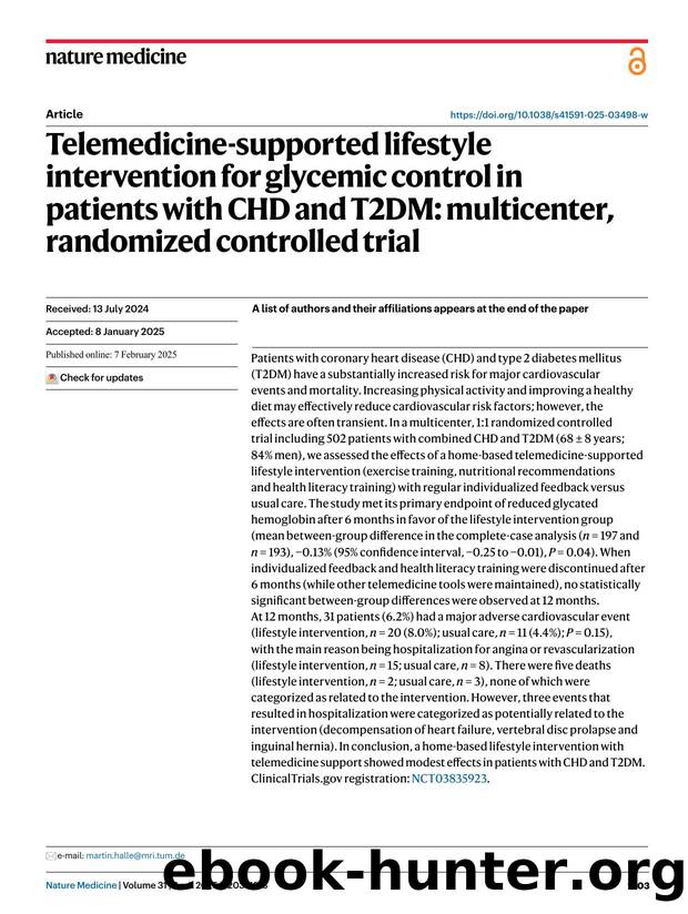 Telemedicine-supported lifestyle intervention for glycemic control in patients with CHD and T2DM: multicenter, randomized controlled trial by unknow
