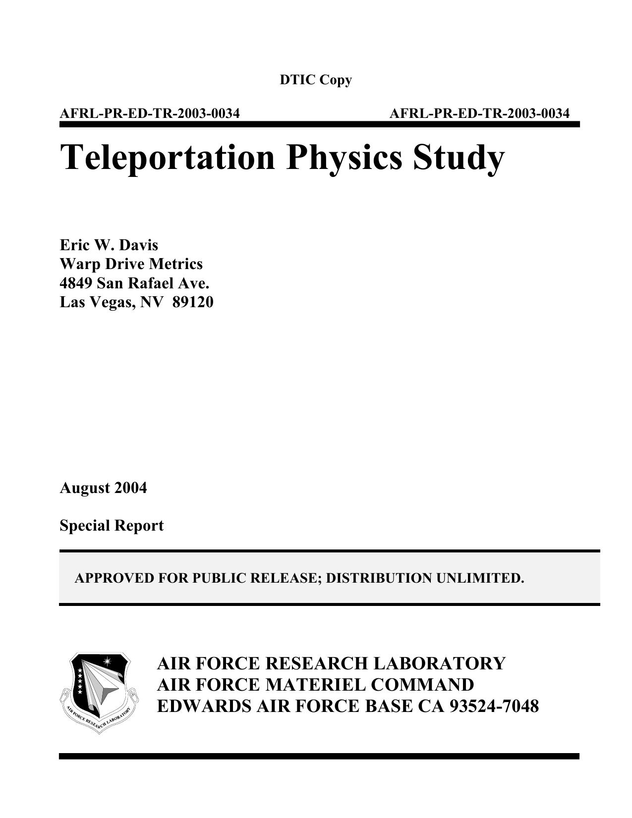 Teleportation Physics Study by Eric W. Davis