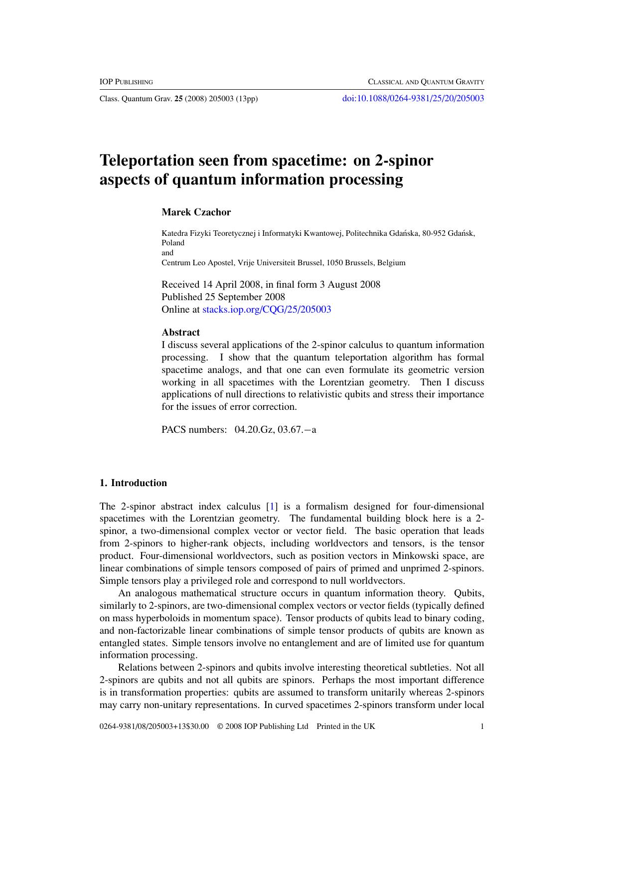 Teleportation seen from spacetime by M Czachor