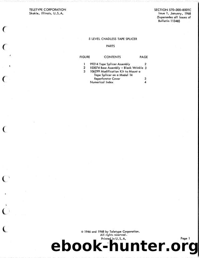 Teletype 5 LEVEL CHADLESS TAPE SPLICER Parts Manual by Teletype Corp